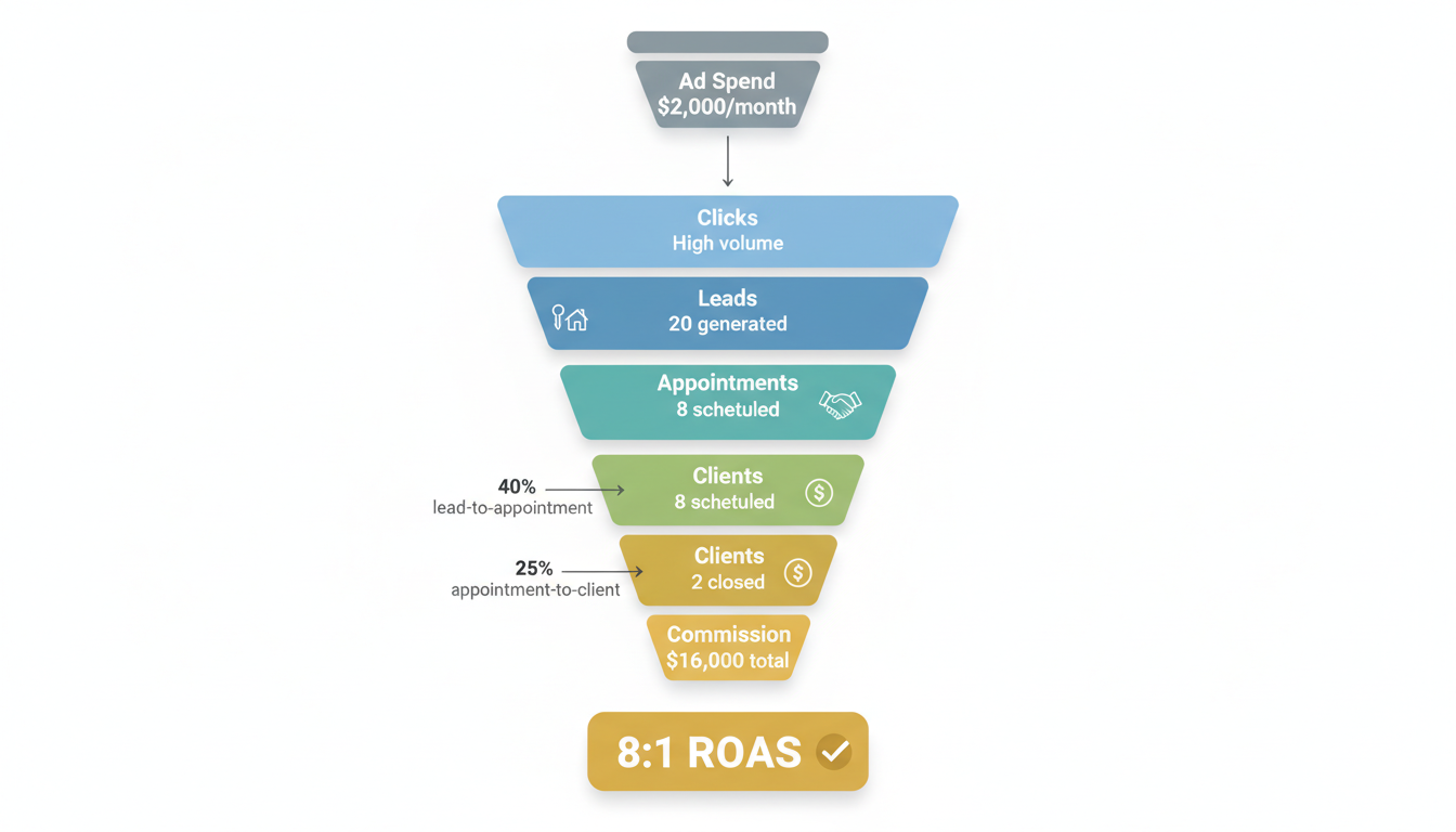 Real estate PPC ROI funnel showing conversion flow from ad spend to commission revenue with 8:1 ROAS