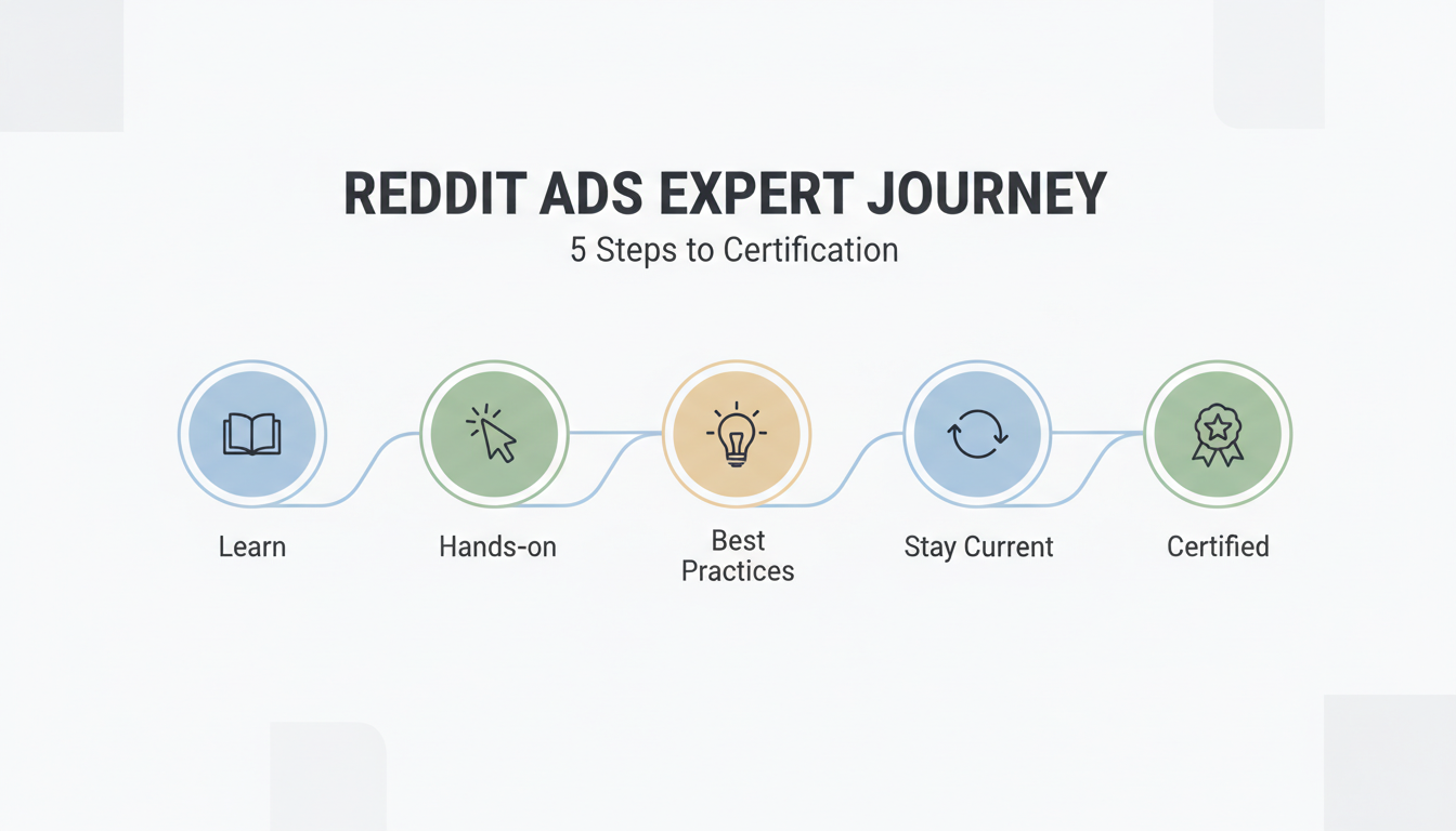 Reddit Ads Certification Journey - 5 steps to become a certified expert: Learn Fundamentals, Get Hands-on Experience, Study Best Practices, Stay Current, and Earn Certification