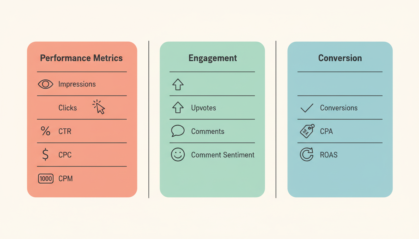 Reddit Ads key metrics showing Performance, Engagement, and Conversion categories