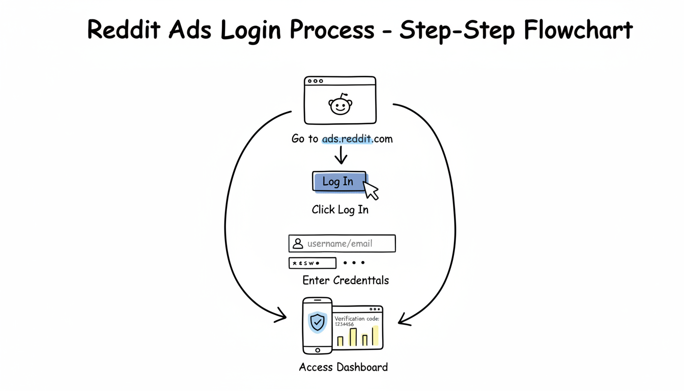 Reddit Ads login process flowchart showing the 5 steps from visiting ads.reddit.com to accessing the dashboard