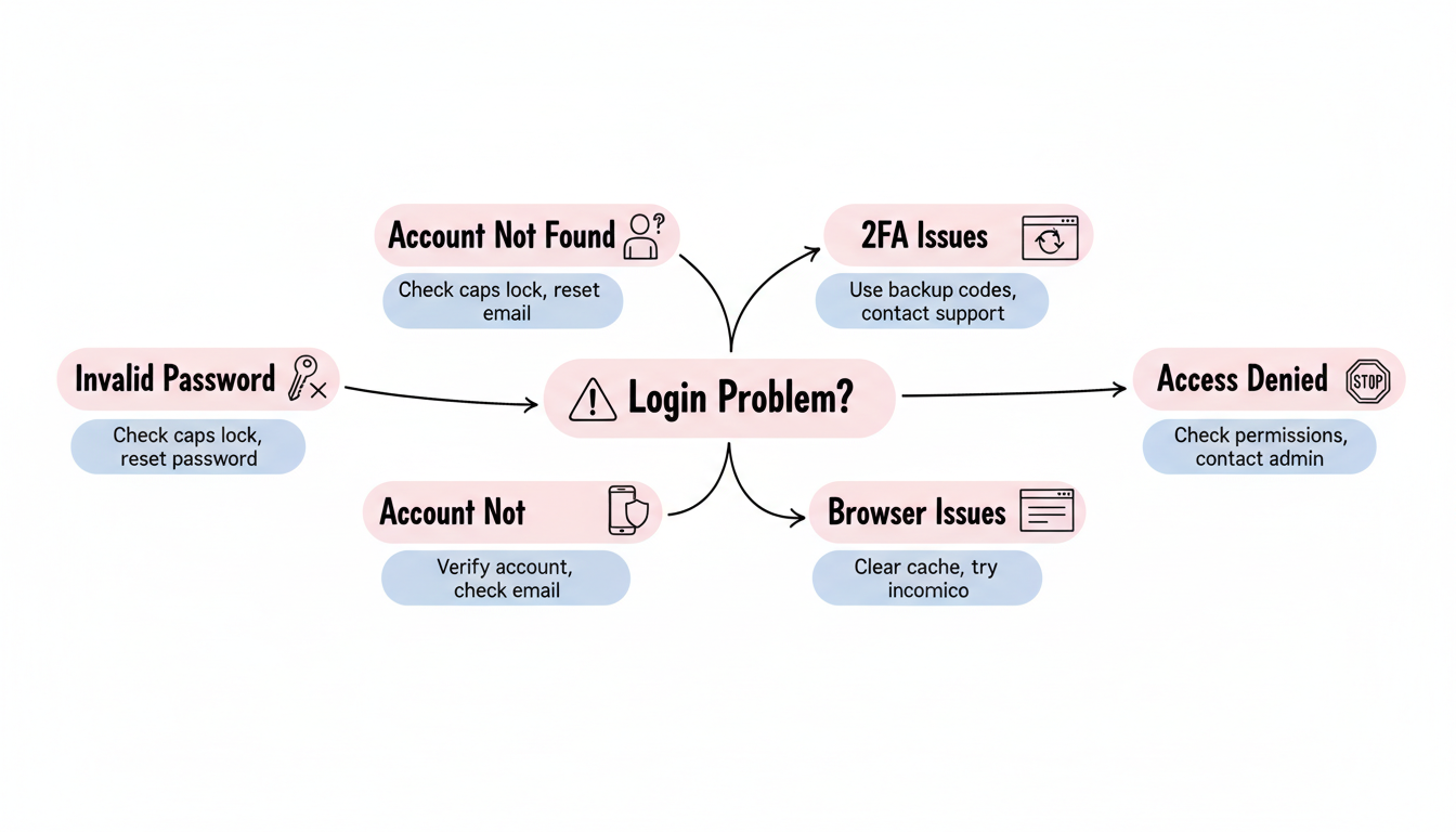 Troubleshooting decision tree showing solutions for common Reddit Ads login issues
