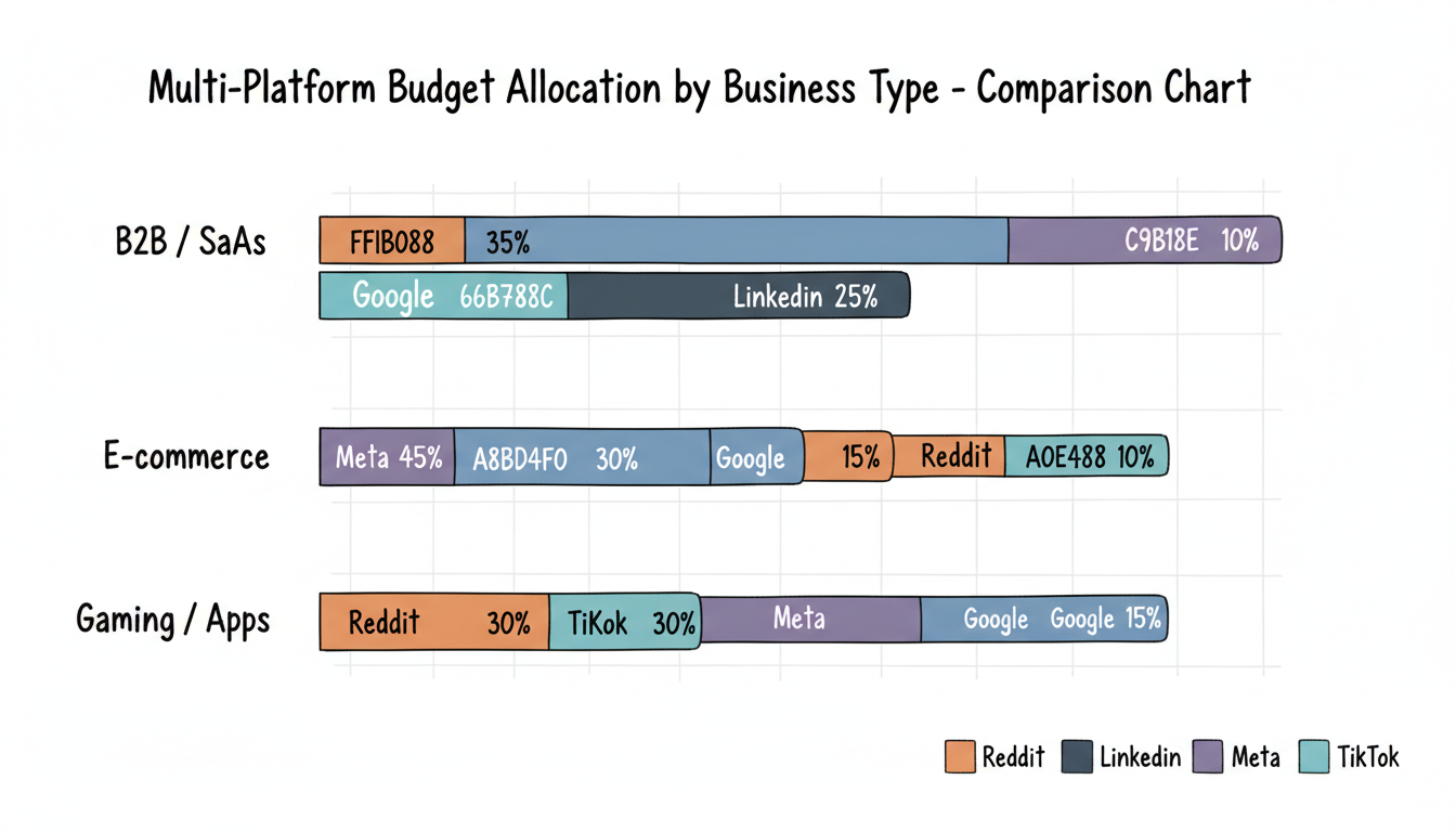 Multi-platform budget allocation percentages by business type - B2B/SaaS, E-commerce, and Gaming/Apps showing optimal spend distribution across Reddit, Google, LinkedIn, Meta, and TikTok