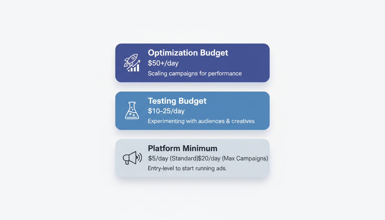 Reddit Ads budget tiers showing progression from $5/day platform minimum to $50+/day optimization budget