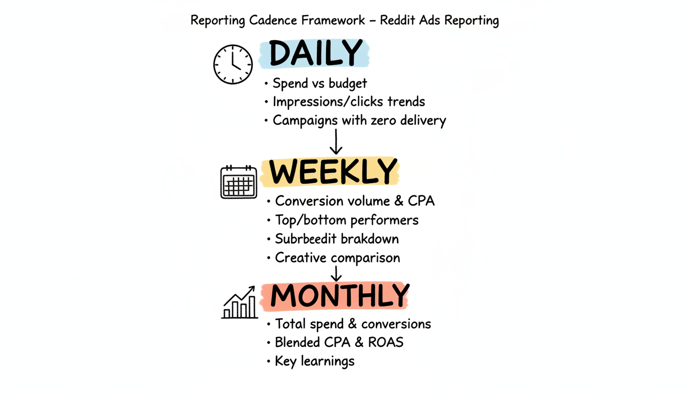 Reporting cadence framework showing Daily, Weekly, and Monthly reporting tiers