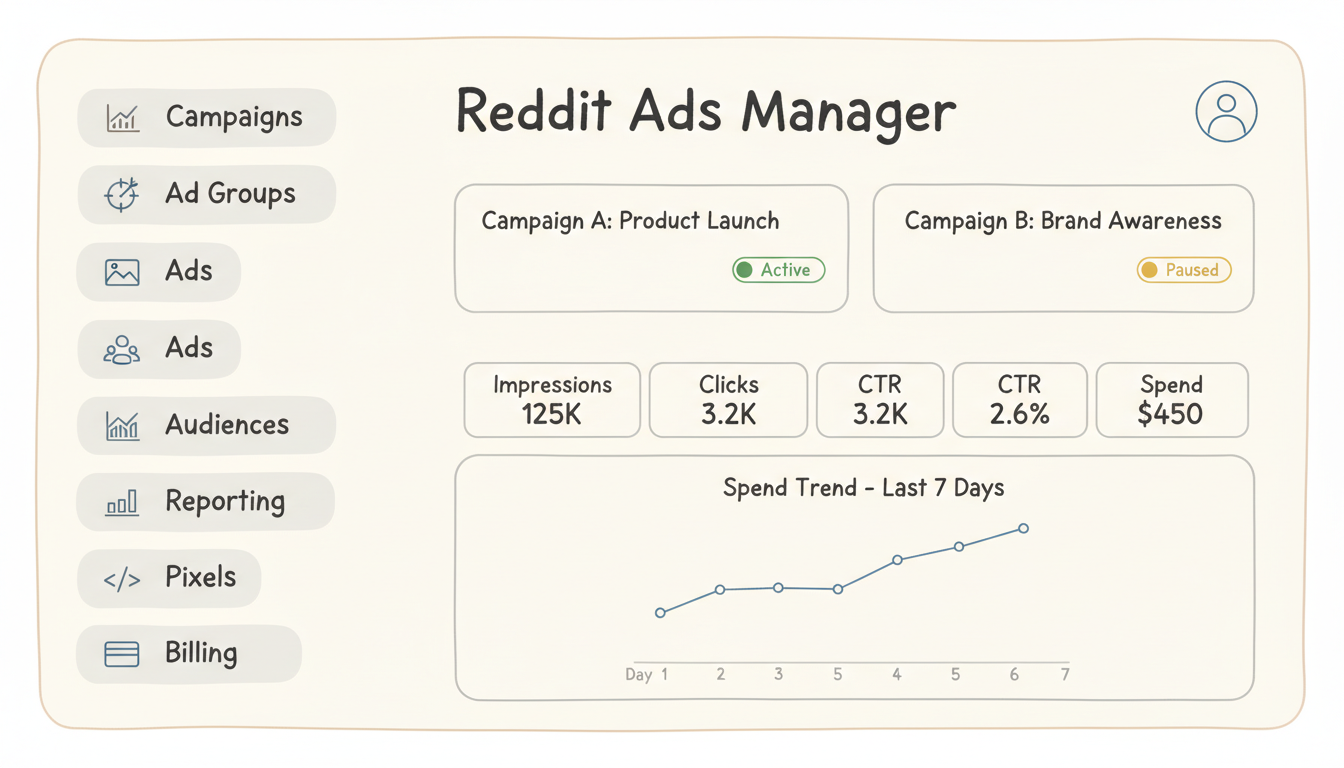 Reddit Ads Manager Dashboard Overview showing navigation menu, campaign cards, and key metrics like impressions, clicks, CTR, and spend