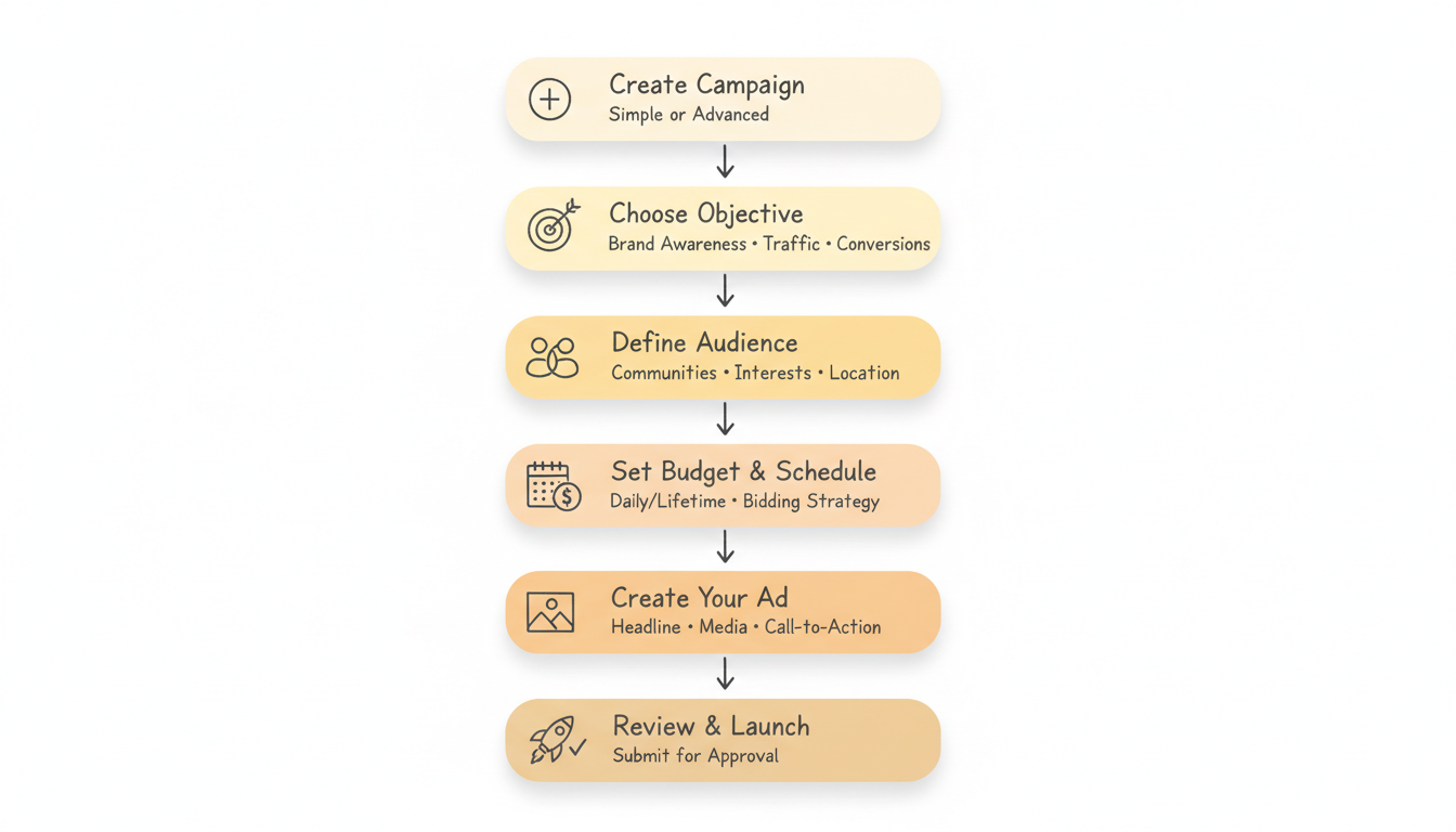 Six-step campaign creation flowchart showing: Create Campaign, Choose Objective, Define Audience, Set Budget & Schedule, Create Your Ad, and Review & Launch