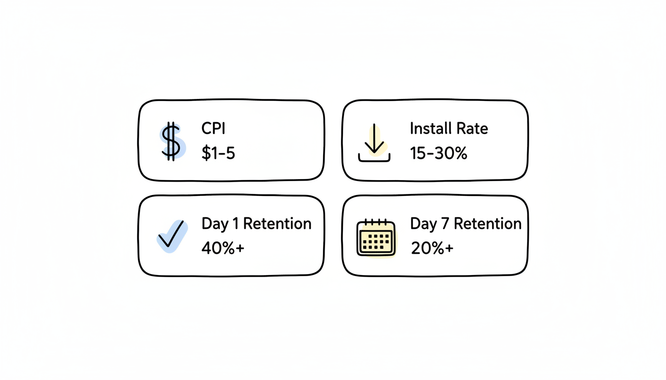 App campaign success metrics dashboard showing CPI, Install Rate, Day 1 Retention, and Day 7 Retention benchmarks