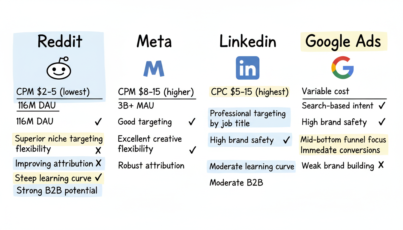Platform comparison matrix showing Reddit vs Meta vs LinkedIn vs Google Ads across key metrics