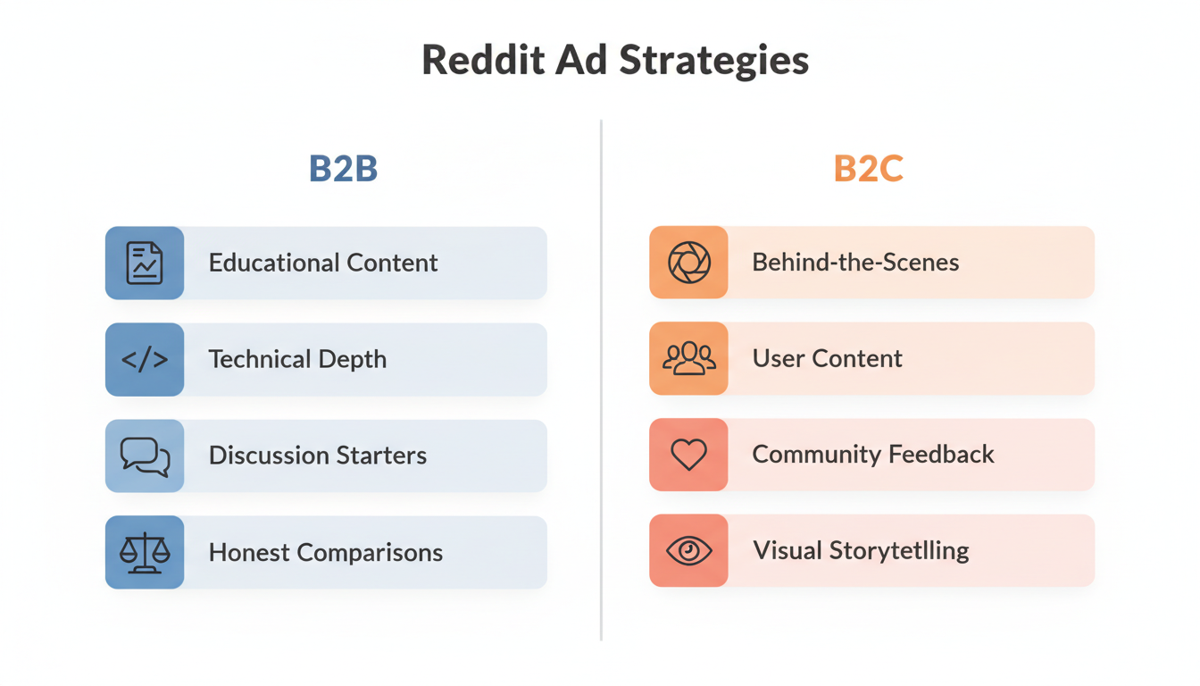 B2B vs B2C Reddit advertising strategies comparison - infographic showing educational content vs visual storytelling approaches