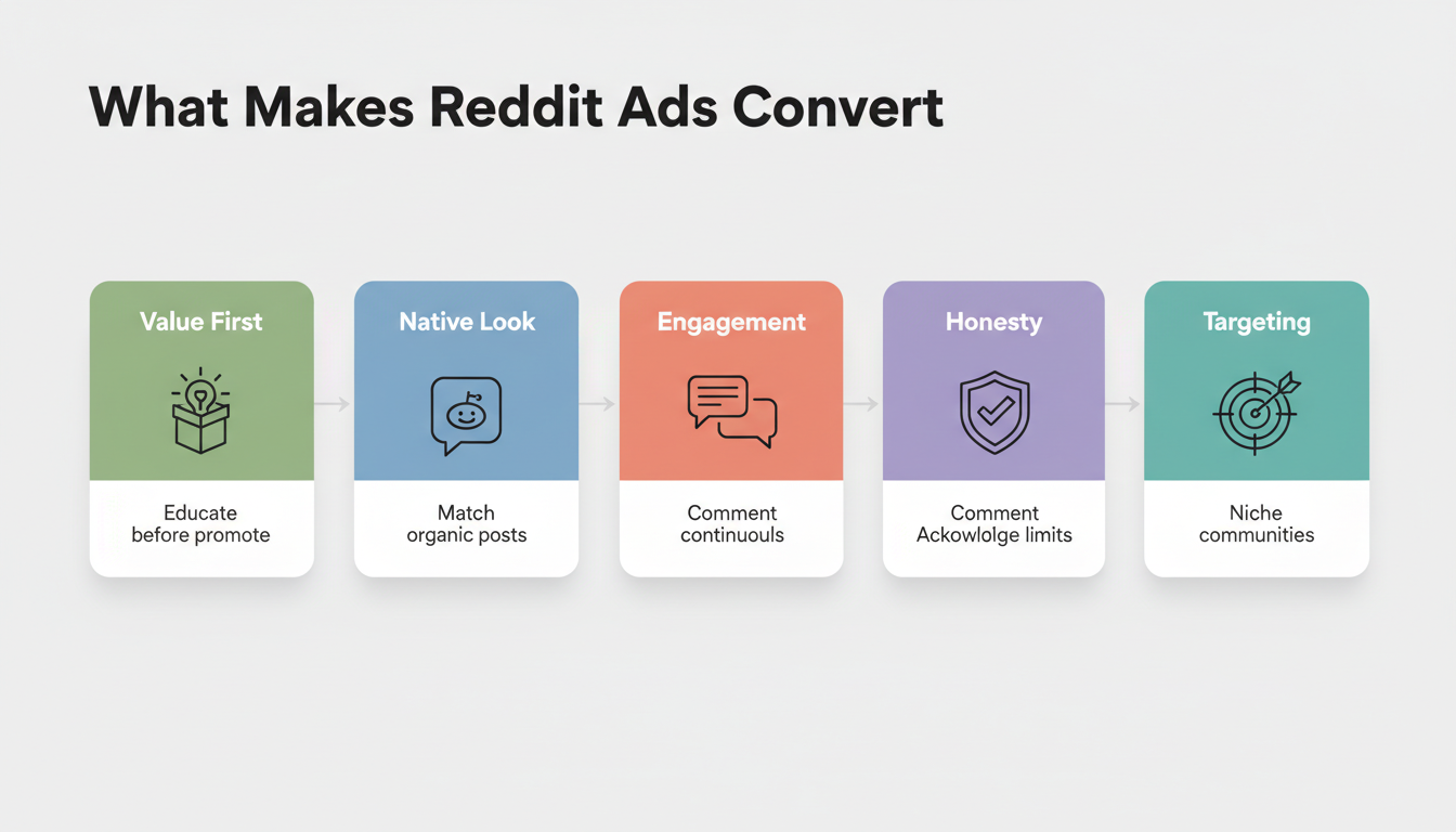 Reddit ad success framework - five pillars showing value first, native look, engagement, honesty, and targeting