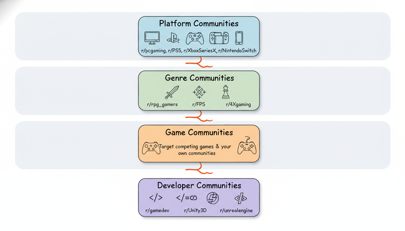Gaming Targeting Strategy Hierarchy showing four layers: Platform Communities (PC, PlayStation, Xbox, Nintendo, Mobile), Genre Communities (RPG, FPS, Strategy, Indie, MMO), Game-Specific Communities, and Developer Communities