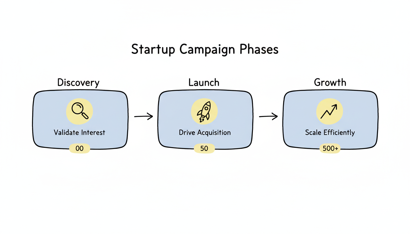 Startup campaign phases - Discovery, Launch, and Growth with budget progression