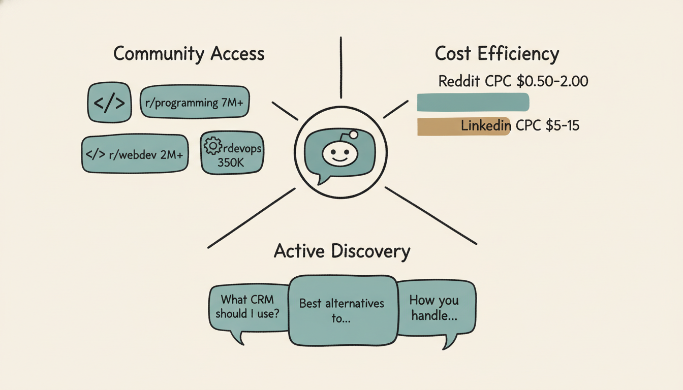 SaaS Reddit Marketing Ecosystem showing community access, cost efficiency, and active discovery advantages