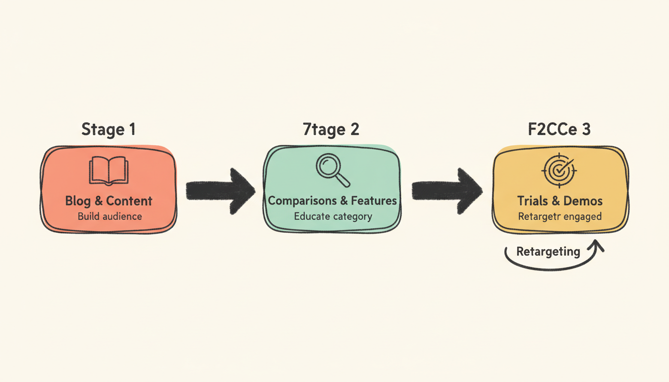 SaaS Reddit Campaign Funnel showing three stages: Educational Traffic, Tool Awareness, and Conversion
