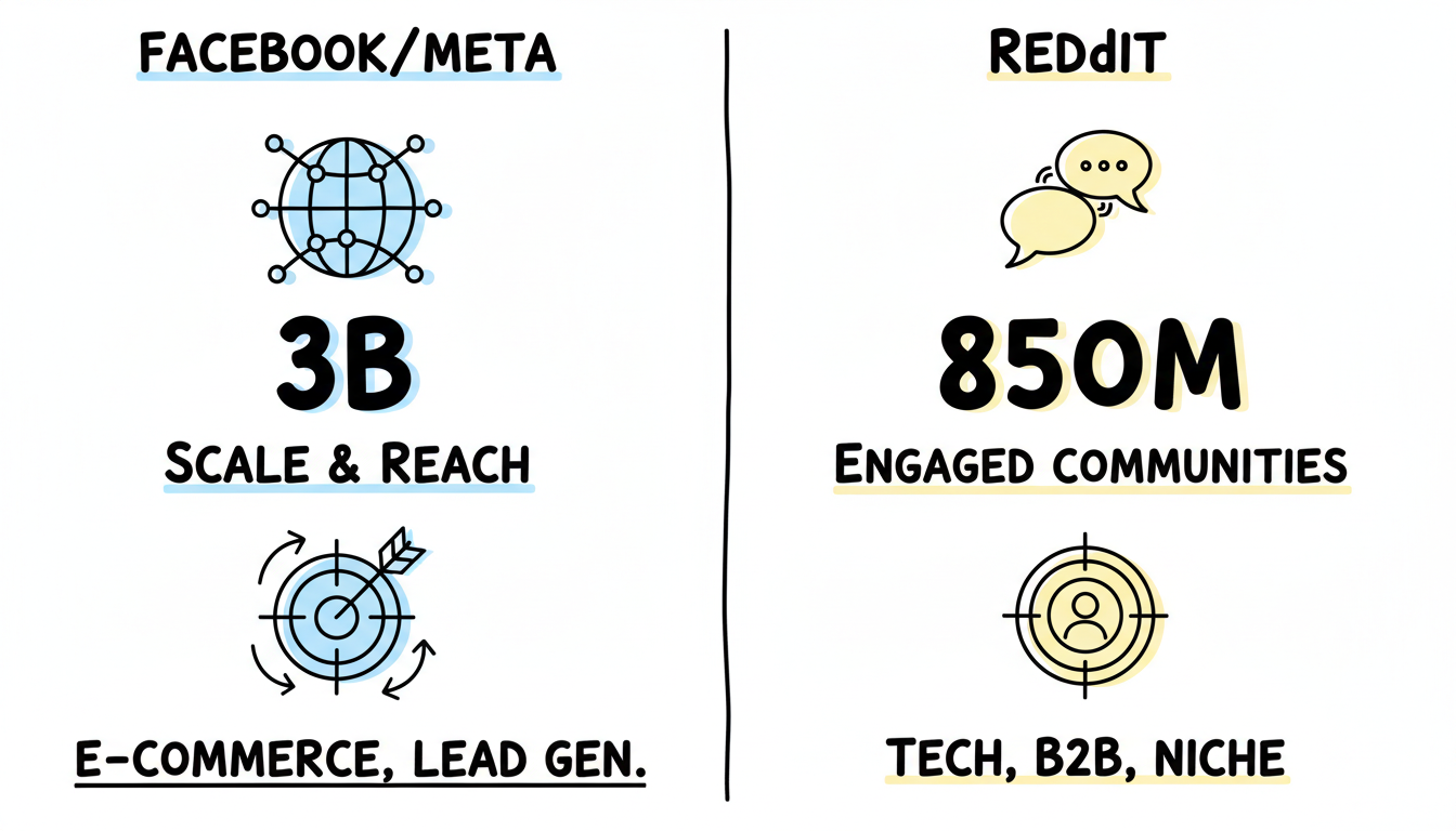 Platform comparison showing Facebook vs Reddit key metrics: 3B vs 850M users, scale vs engagement focus
