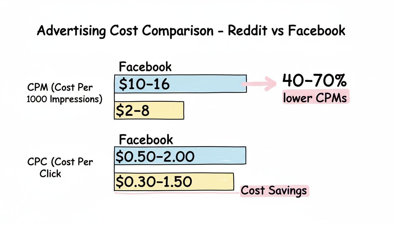 Cost comparison infographic showing Reddit's 40-70% lower CPMs ($2-8 vs $10-16) and CPCs ($0.30-1.50 vs $0.50-2.00)