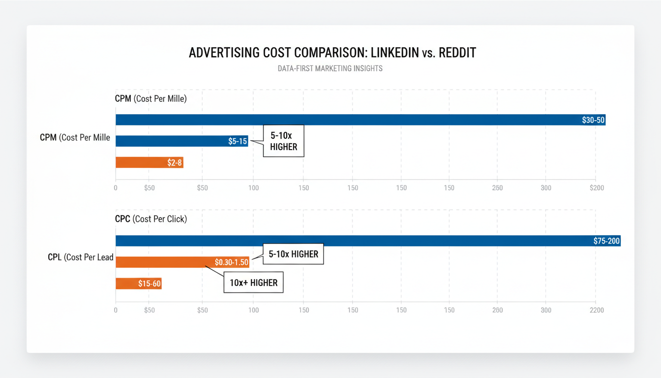 Cost comparison visualization showing CPM, CPC, and CPL metrics with LinkedIn at 5-10x higher costs than Reddit