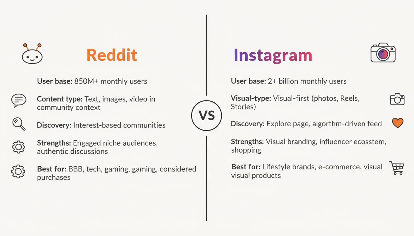 Platform comparison showing Reddit vs Instagram key differences including user base, content type, discovery methods, and best use cases