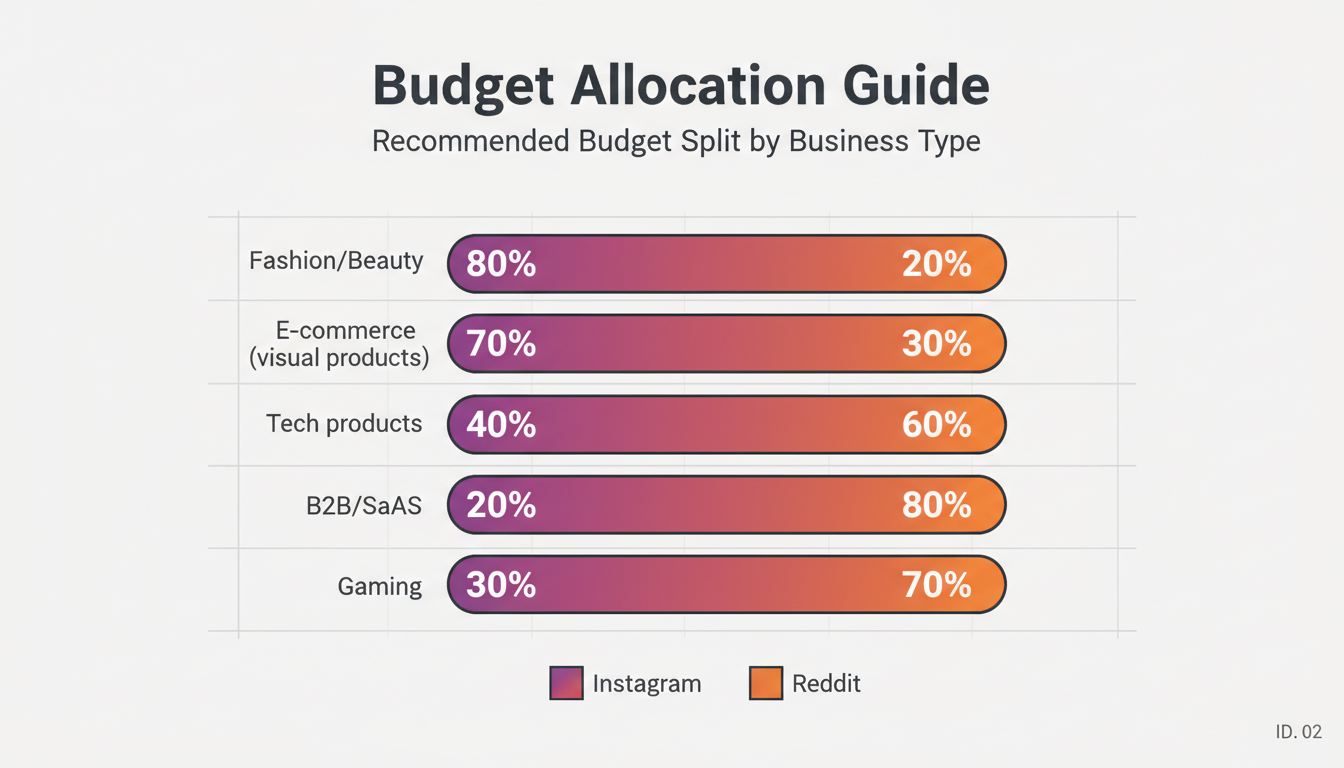 Budget allocation guide showing recommended ad spend split between Instagram and Reddit across different business types including Fashion/Beauty, E-commerce, Tech products, B2B/SaaS, and Gaming