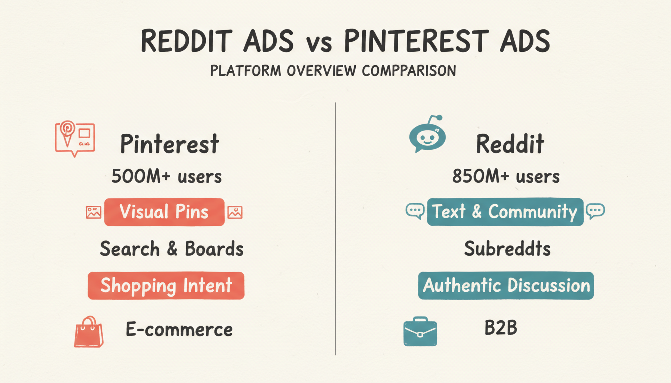 Platform overview comparison showing Pinterest vs Reddit key differences including user base, content type, discovery methods, and best use cases