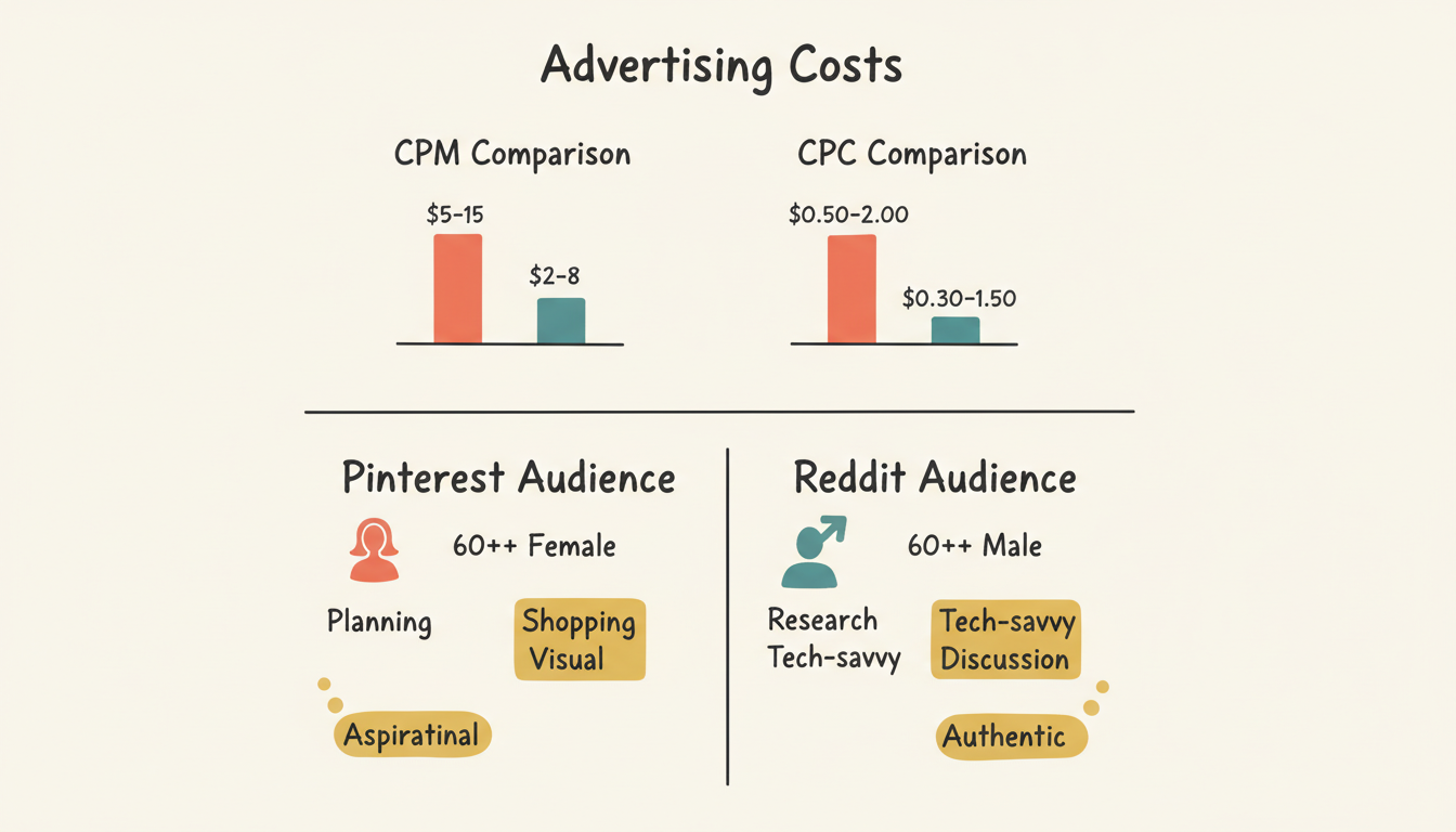 Cost and audience comparison showing CPM/CPC differences and audience demographics between Pinterest and Reddit