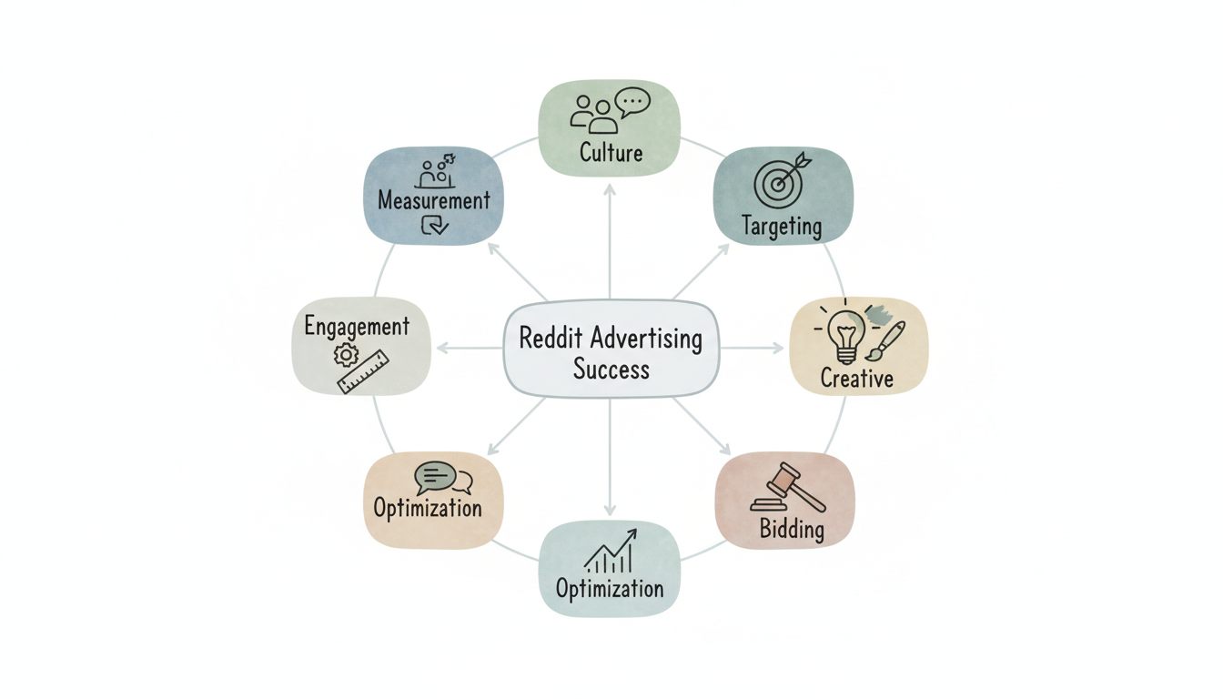 Reddit Advertising Success Framework showing the 8 key pillars: Culture, Targeting, Creative, Bidding, Tracking, Optimization, Engagement, and Measurement