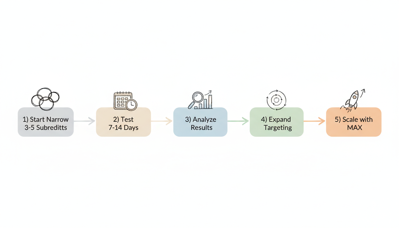 Reddit Campaign Testing and Scaling Flow showing 5 steps: Start Narrow, Test 7-14 Days, Analyze Results, Expand Targeting, and Scale with MAX