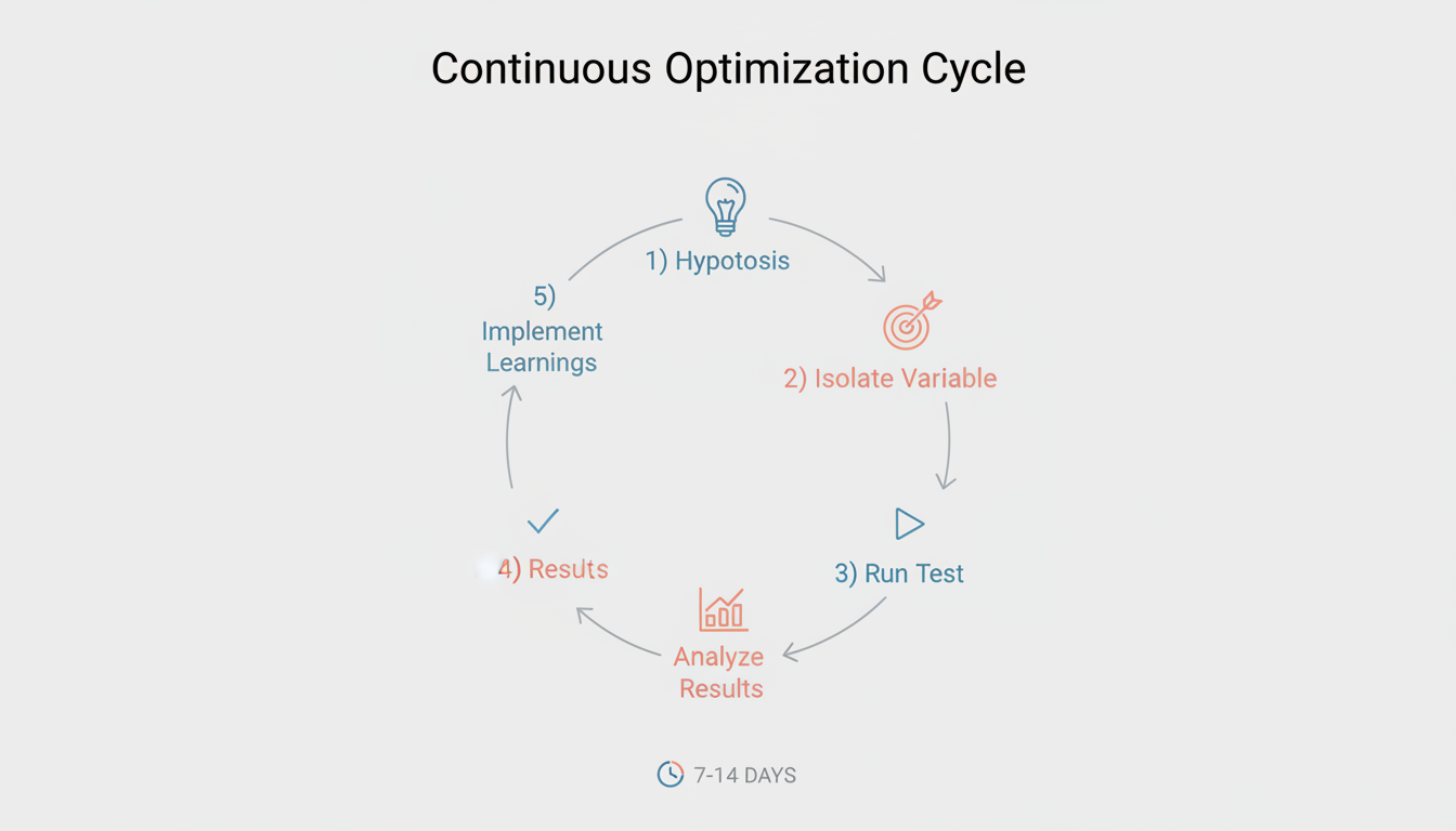 Reddit advertising testing and optimization cycle showing the continuous improvement workflow from hypothesis to implementation