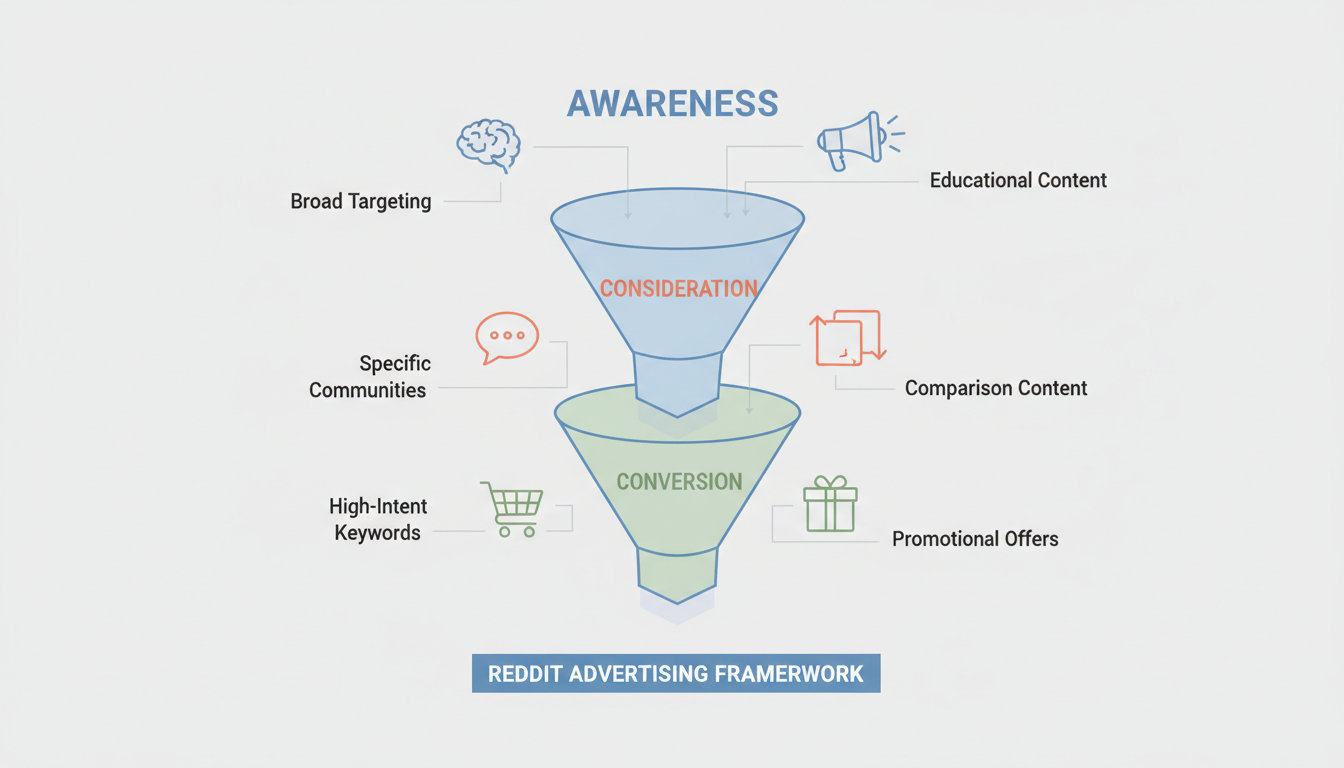 Reddit advertising funnel showing how to align Top, Middle, and Bottom of funnel strategies with specific Reddit tactics