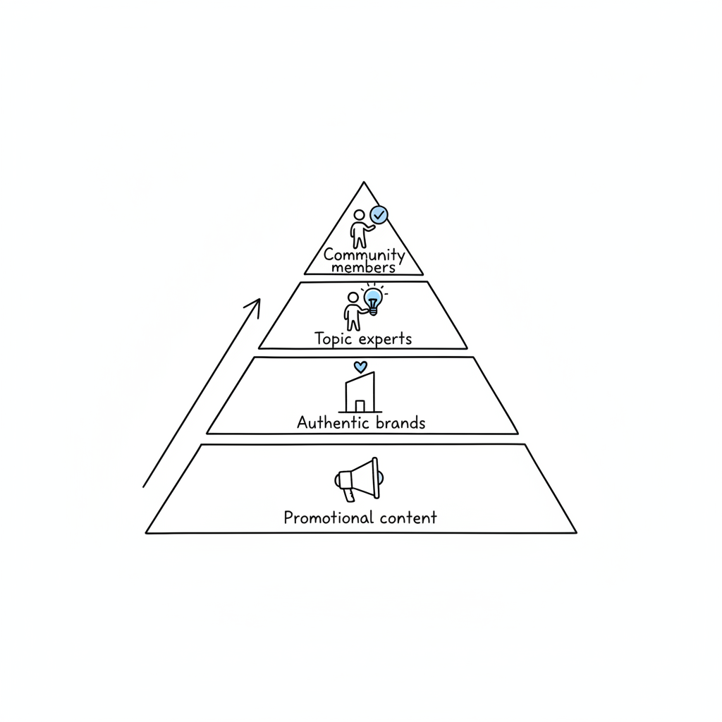 Reddit Trust Hierarchy showing four levels from community members (highest trust) to promotional content (lowest trust)