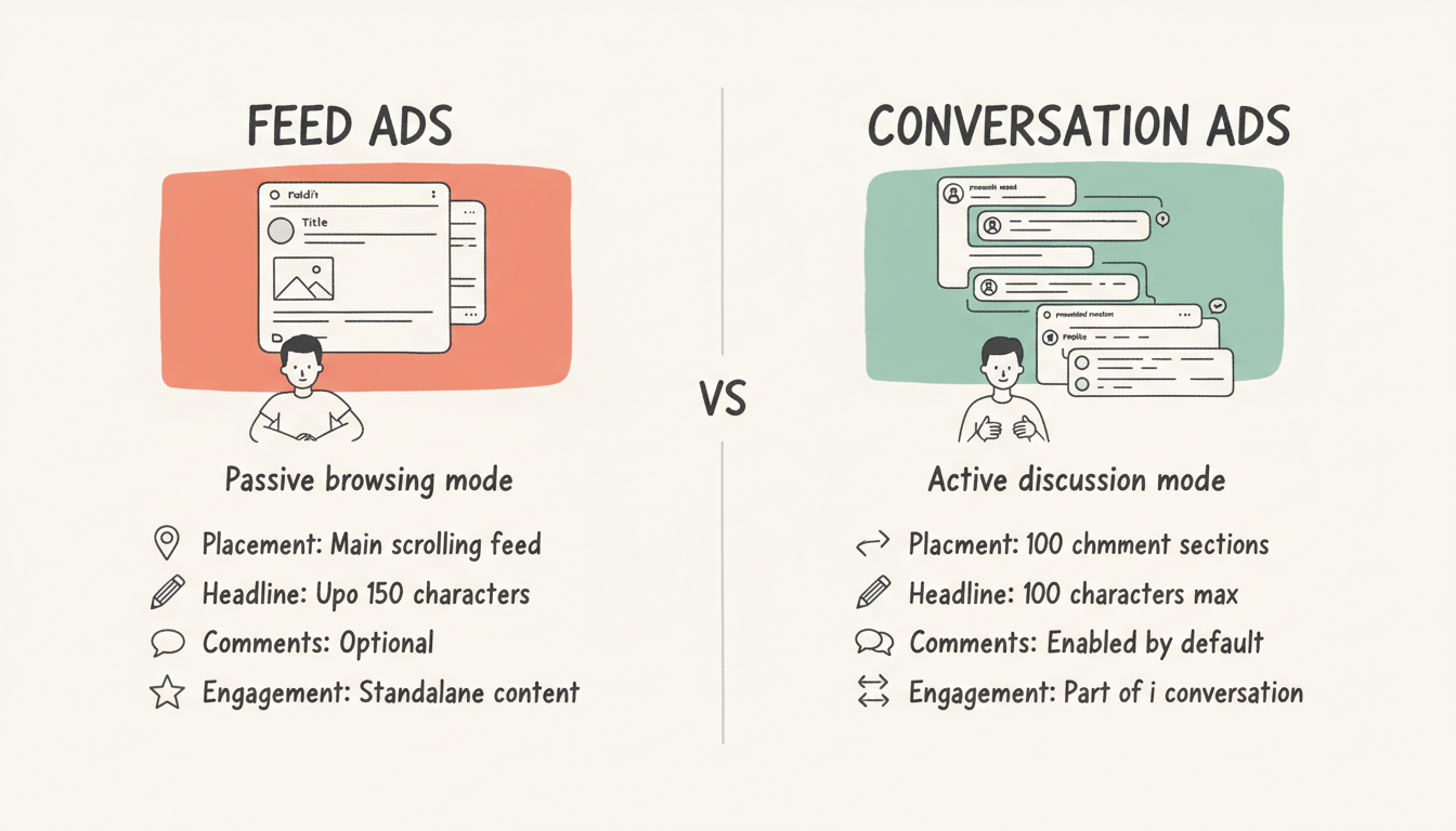 Reddit Conversation Ads vs Feed Ads comparison showing key differences in placement, user context, and engagement types