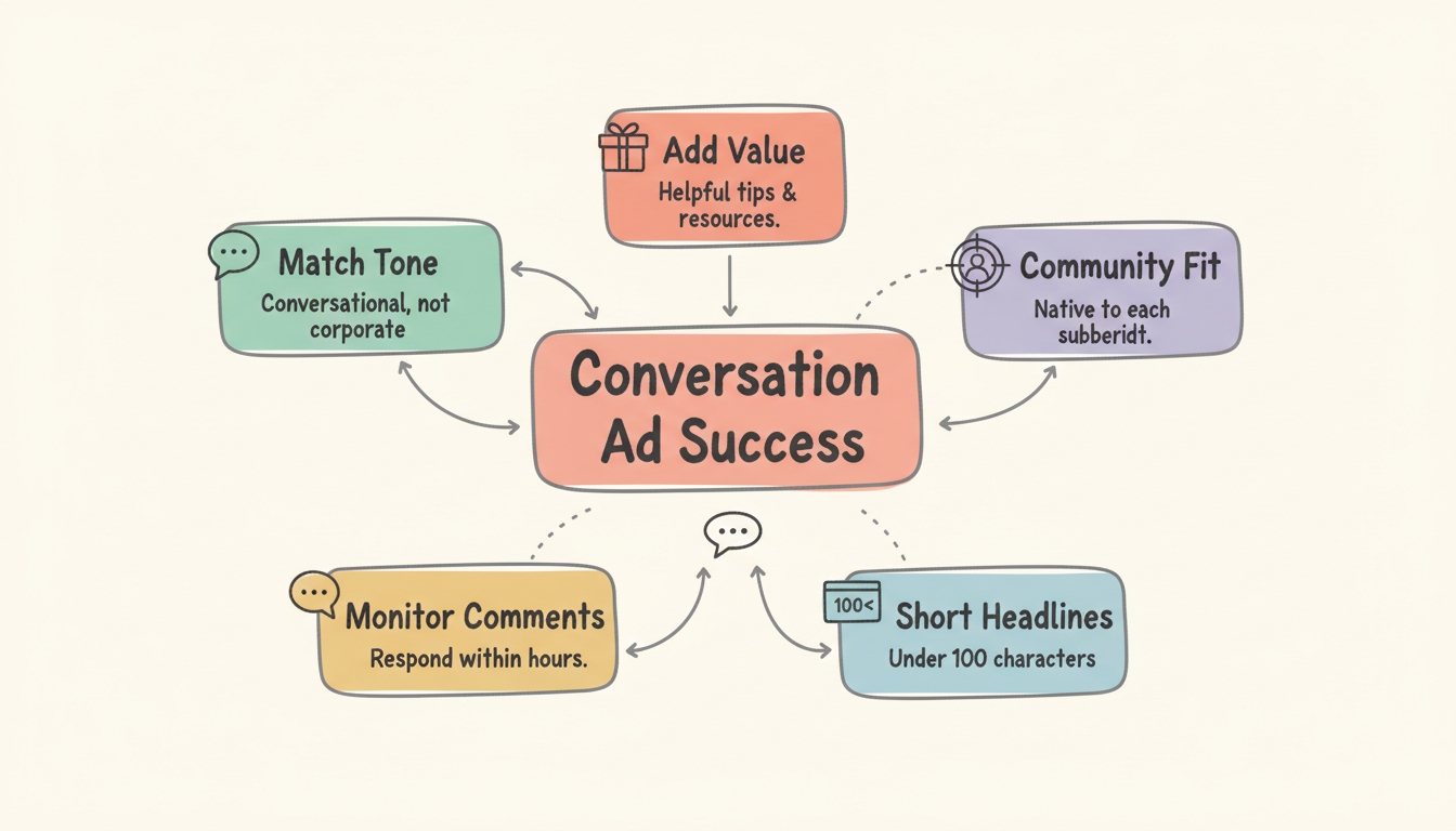 Reddit Conversation Ads best practices framework showing 5 key principles: match conversation tone, add genuine value, enable and monitor comments, use shorter headlines, and match content to communities