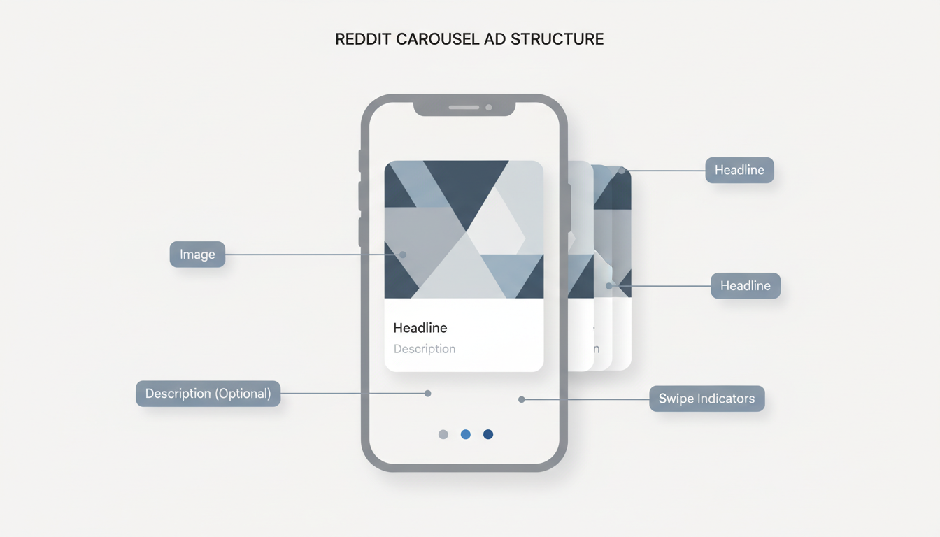 Reddit carousel ad structure showing mobile device with multiple cards and key components