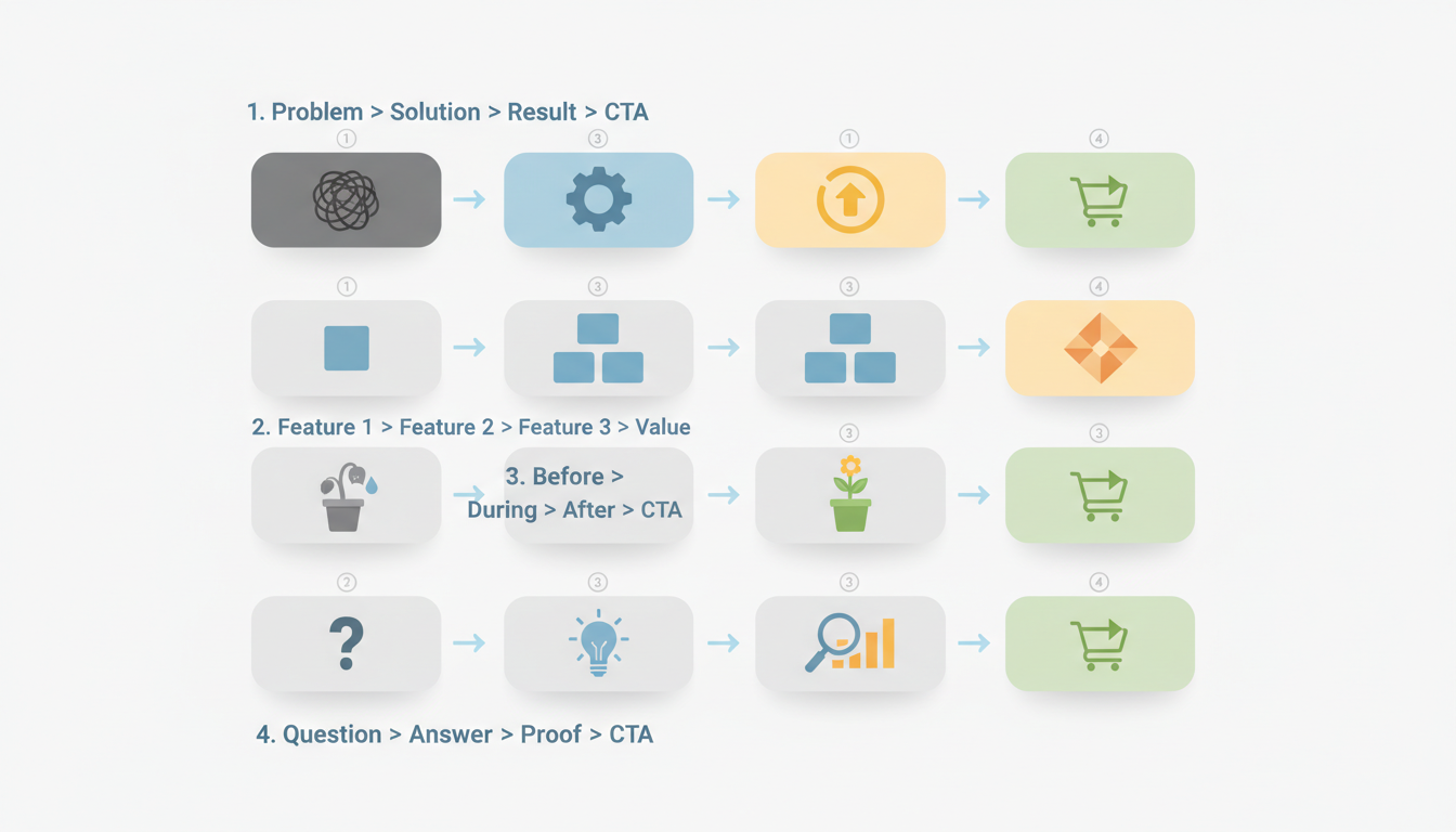 Four story arc patterns for carousel ads: Problem-Solution-Result-CTA, Feature progression, Before-During-After, and Question-Answer-Proof