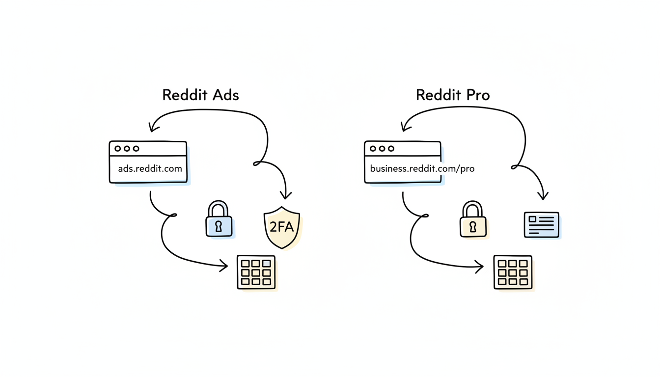 Reddit business login flowchart showing the two paths for accessing Reddit Ads Manager and Reddit Pro