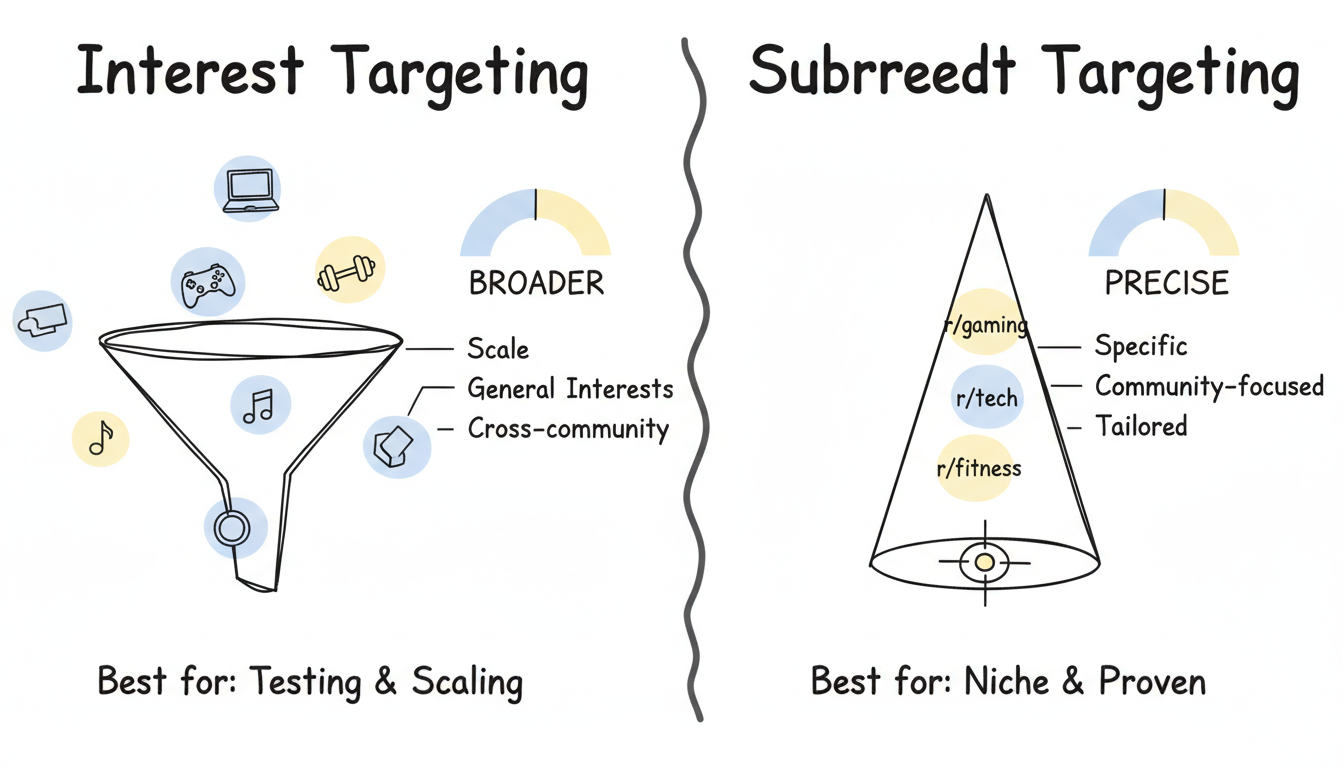 Comparison of Interest Targeting vs Subreddit Targeting approaches showing reach, precision, and best use cases