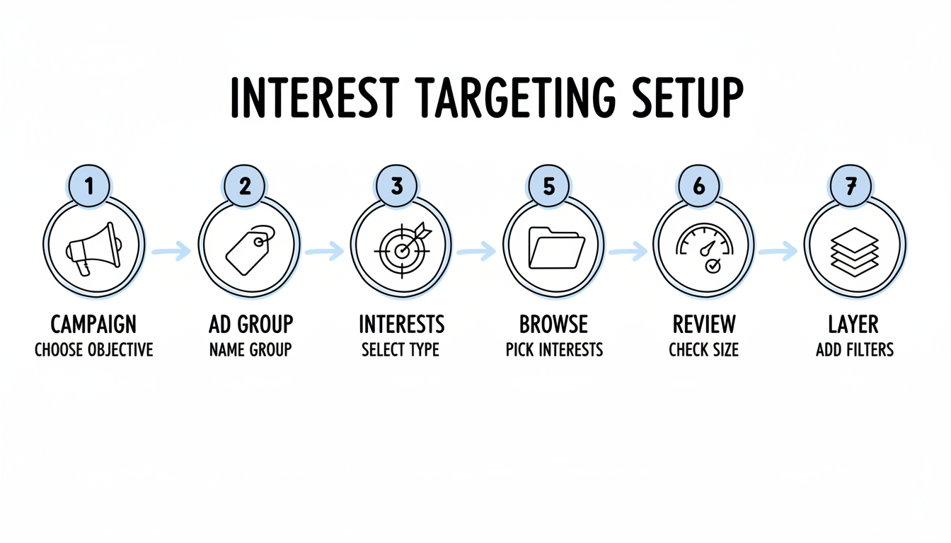 7-step workflow diagram for setting up Reddit interest targeting