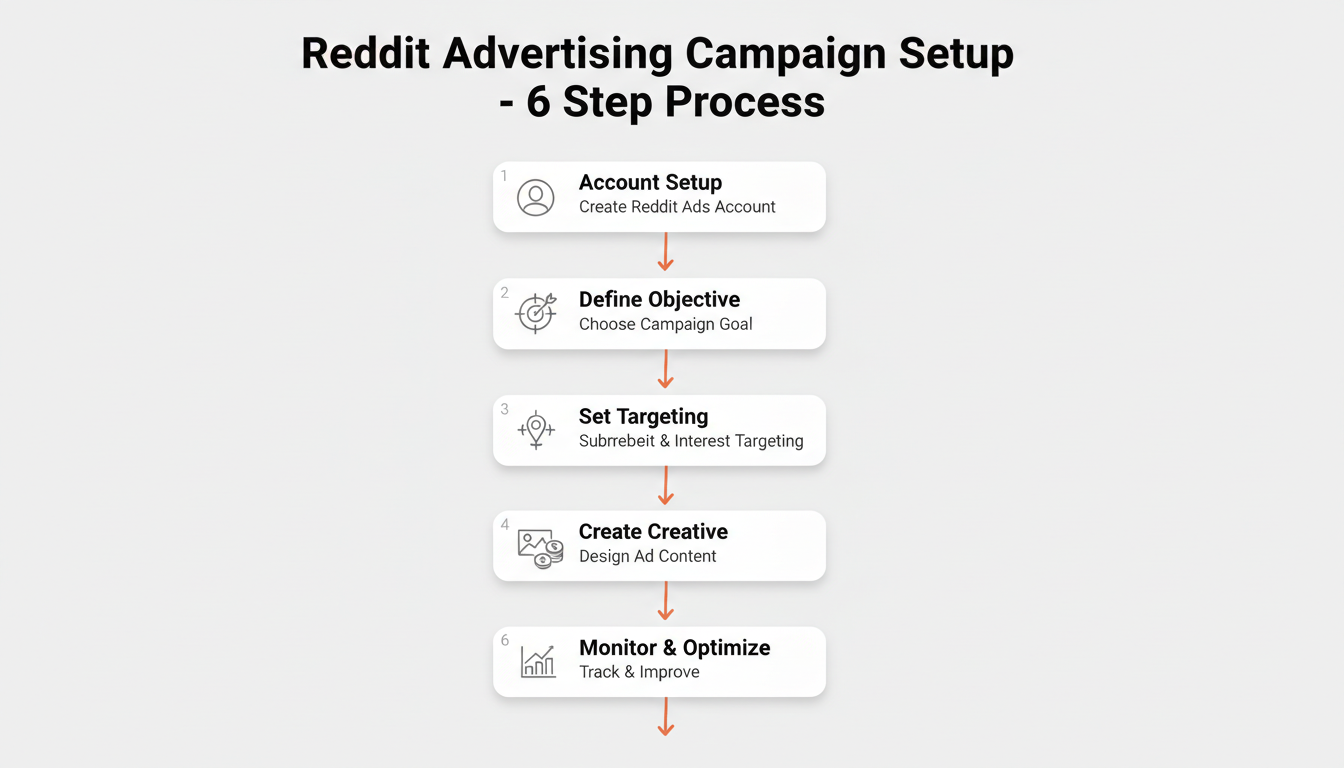 6-step flowchart for setting up a Reddit advertising campaign from account creation to optimization