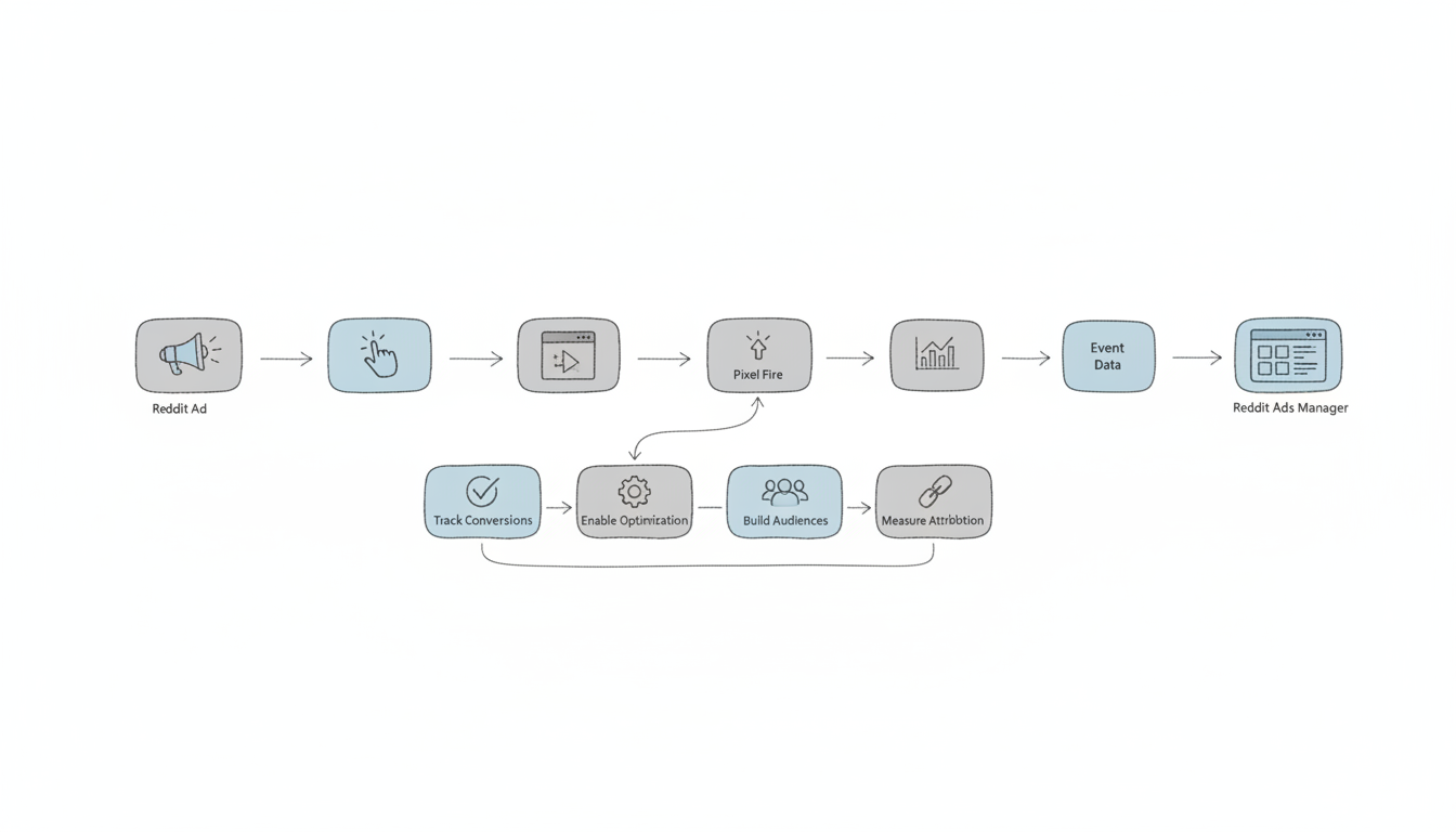 Reddit Pixel tracking flow showing how ad clicks connect to website conversions