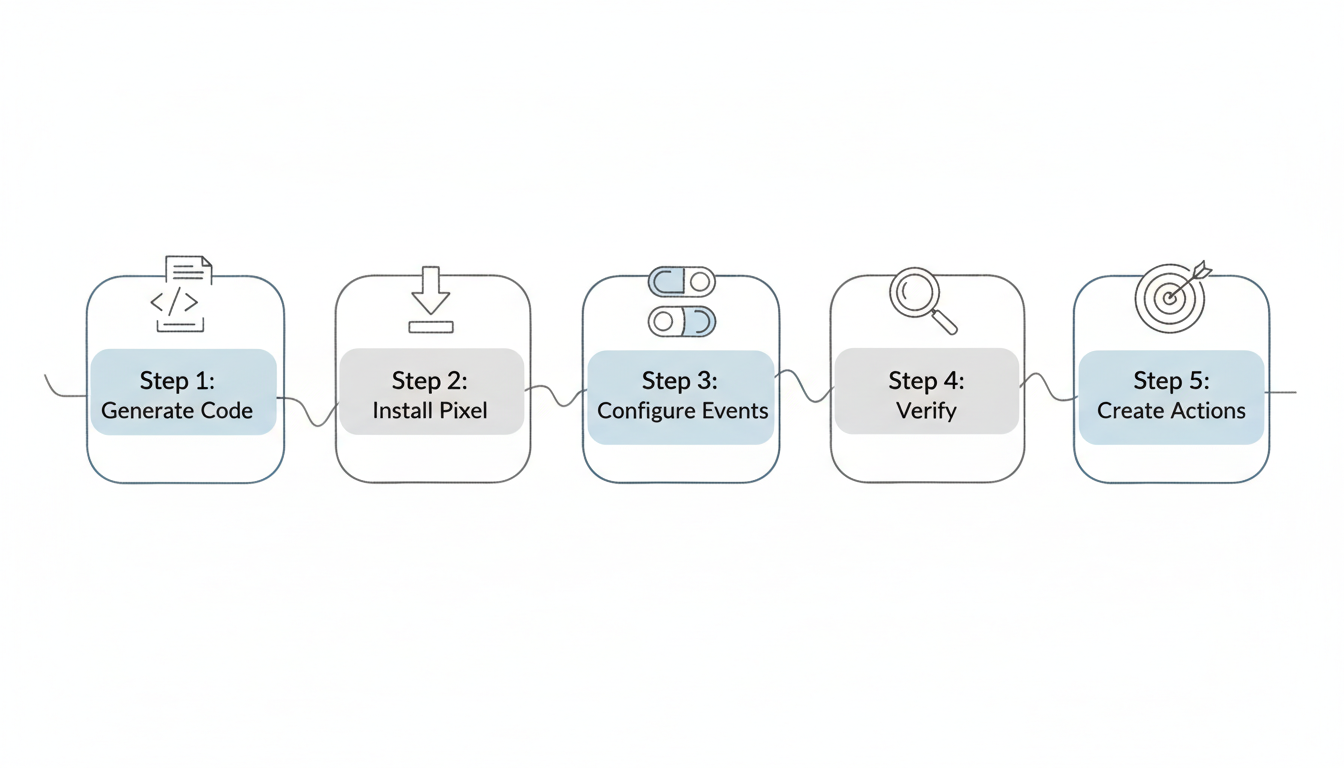 Reddit Pixel setup process overview showing 5 steps from code generation to conversion actions