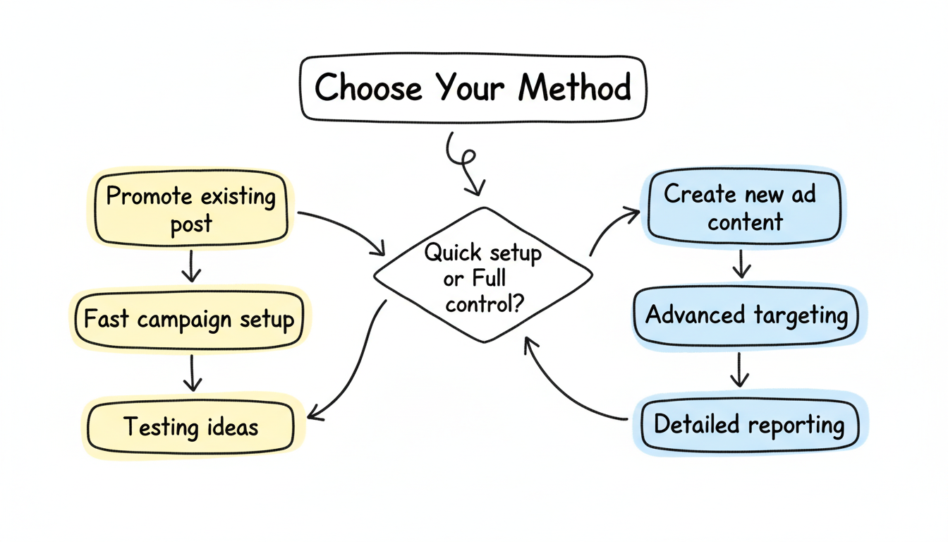 Decision flowchart showing when to use Simple Create (fast setup, existing posts) versus Ads Manager (advanced targeting, detailed reporting)