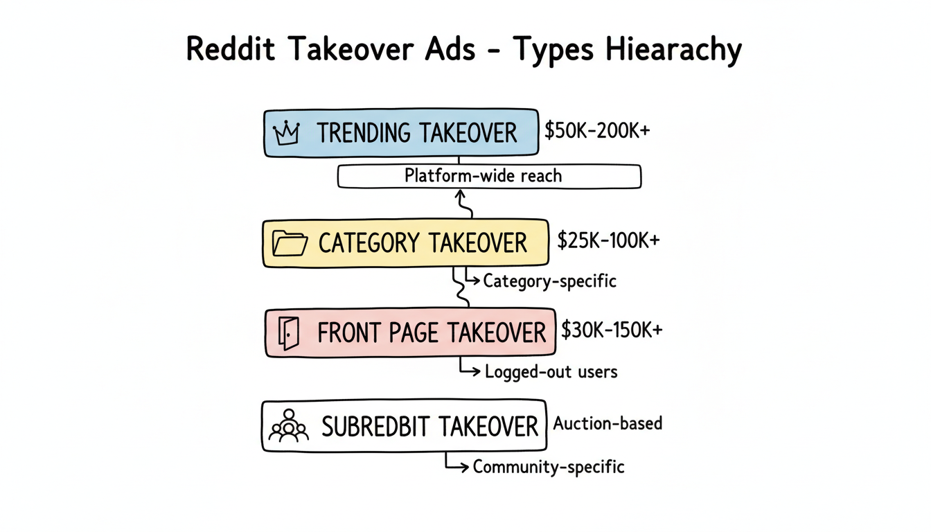 Reddit Takeover Ads Types Comparison showing the four takeover types from Trending (highest reach) to Subreddit (community-specific) with budget ranges