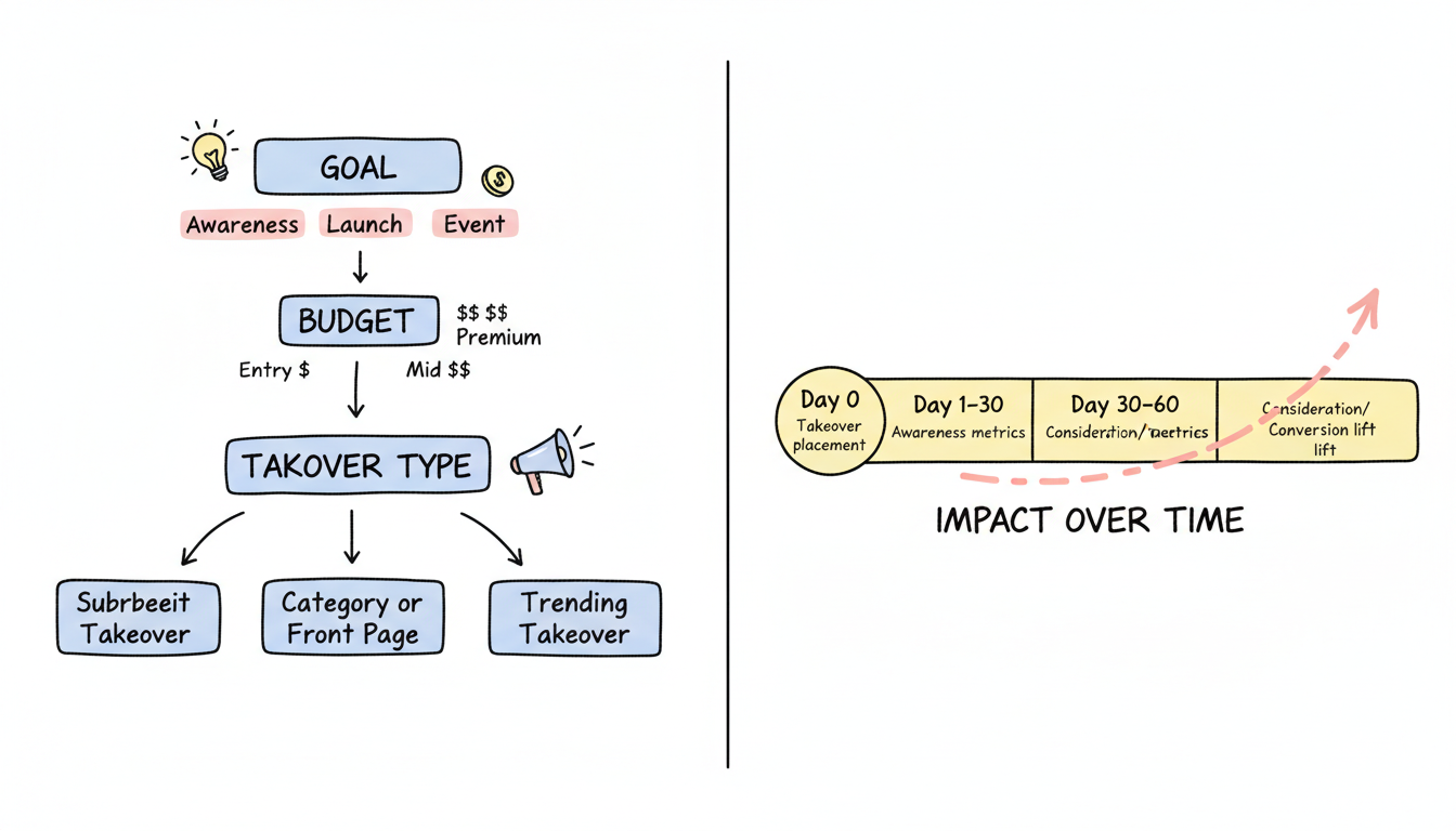 Reddit Takeover Ads Budget Decision Framework showing goal-to-takeover matching and ROI measurement timeline