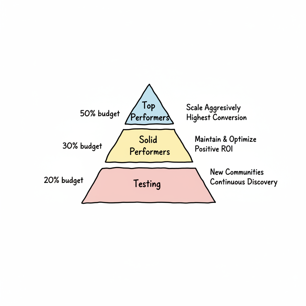 Reddit subreddit budget performance tiers framework: Tier 1 top performers at 50%, Tier 2 solid performers at 30%, Tier 3 testing at 20%