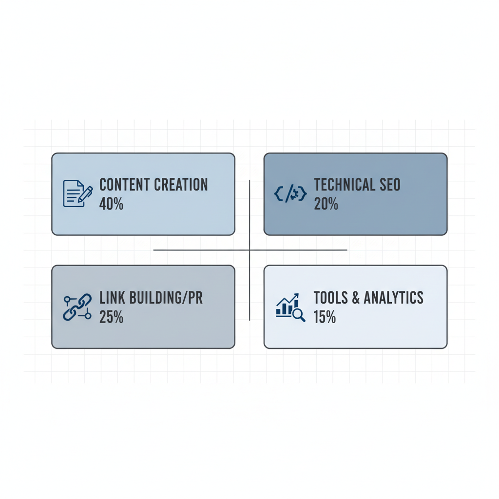 Budget allocation framework showing distribution across content creation (40%), technical SEO (20%), link building/PR (25%), and tools & analytics (15%)