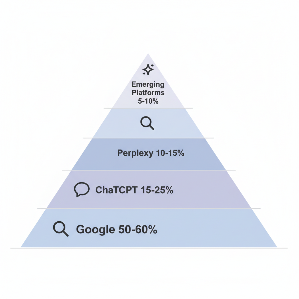 Platform priority investment pyramid showing Google (50-60%) at base, ChatGPT (15-25%) in middle tier, Perplexity (10-15%) and emerging platforms (5-10%) at top