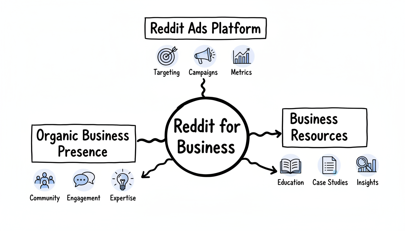 Reddit for Business ecosystem showing three main components: Reddit Ads Platform, Organic Business Presence, and Business Resources