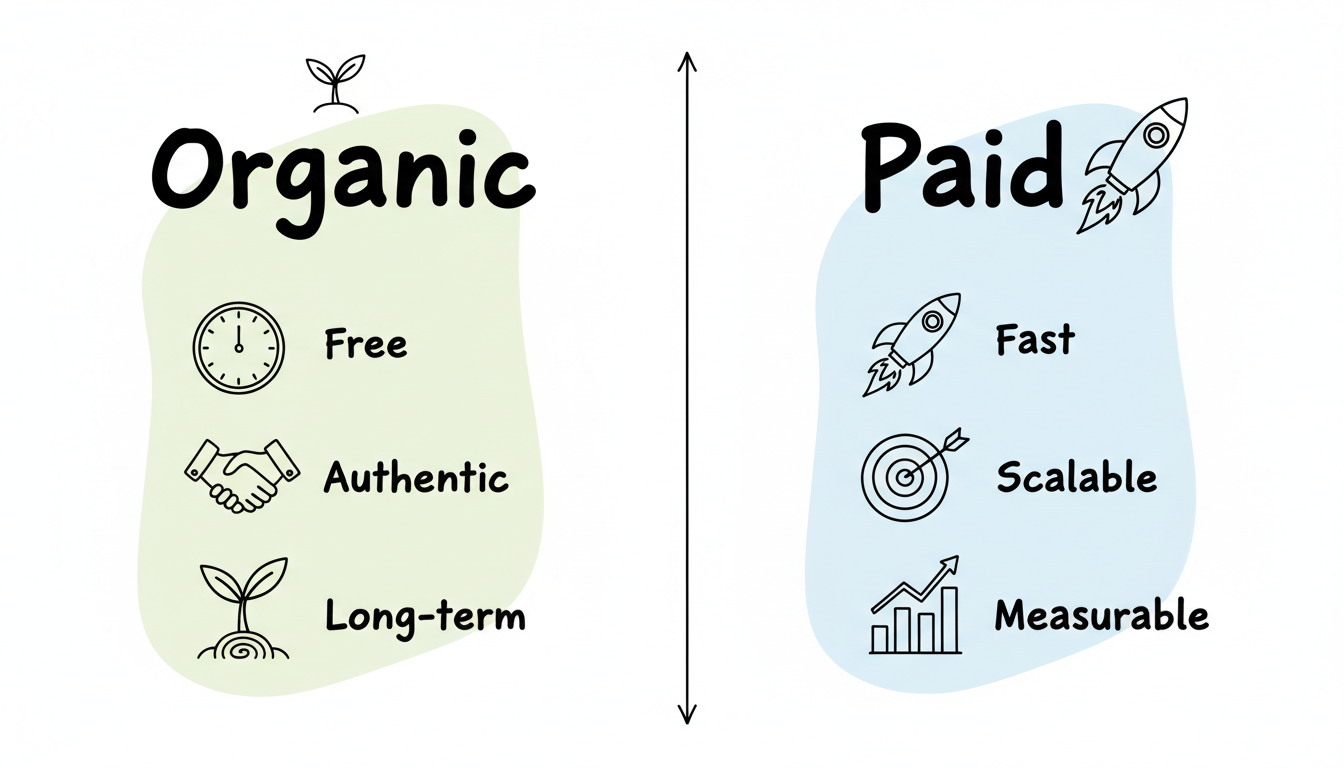 Comparison of Organic vs Paid Reddit marketing showing key differences between both approaches