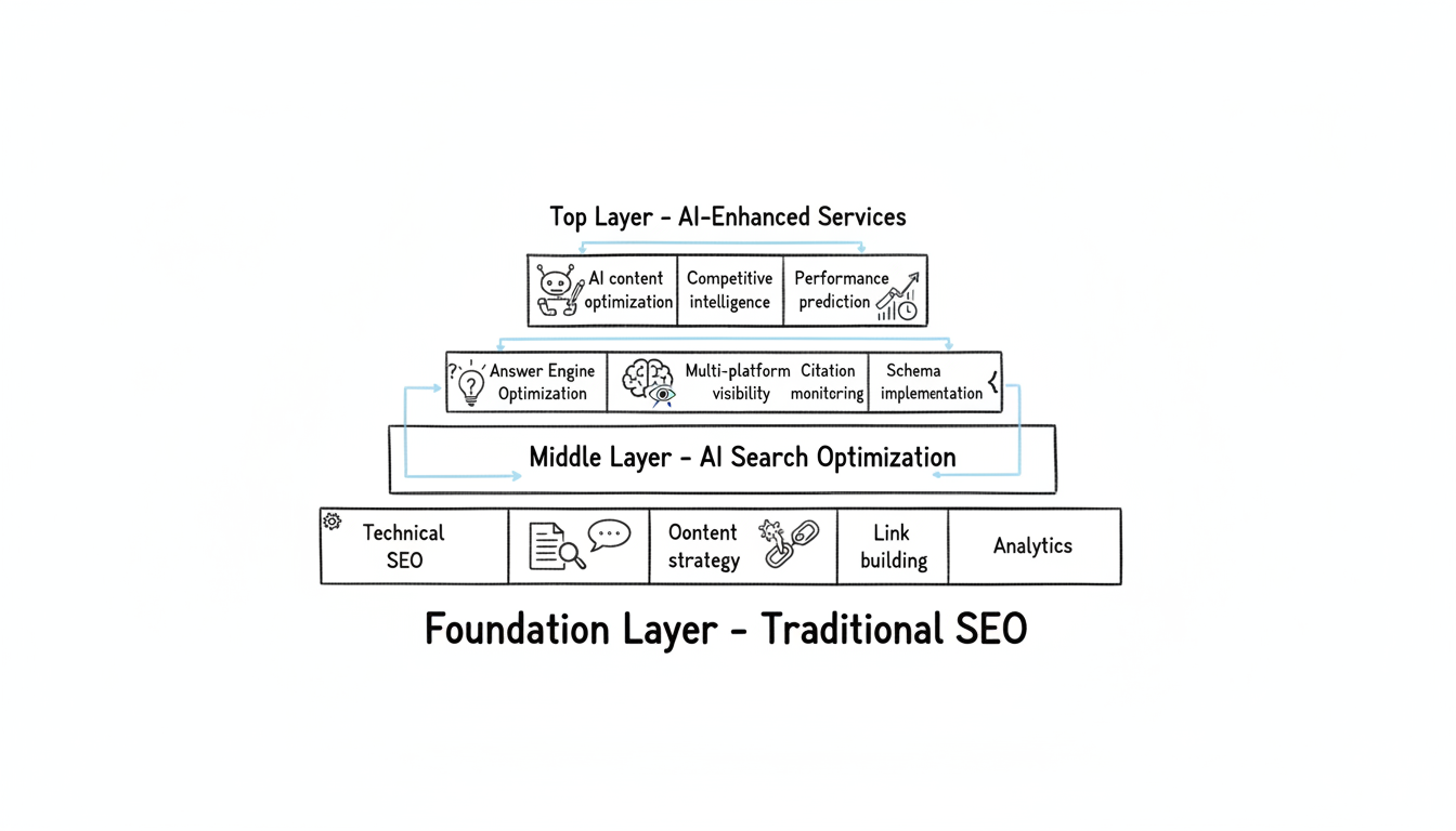 SEO AI Agency service architecture showing three layers: Traditional SEO foundation, AI Search Optimization, and AI-Enhanced Services