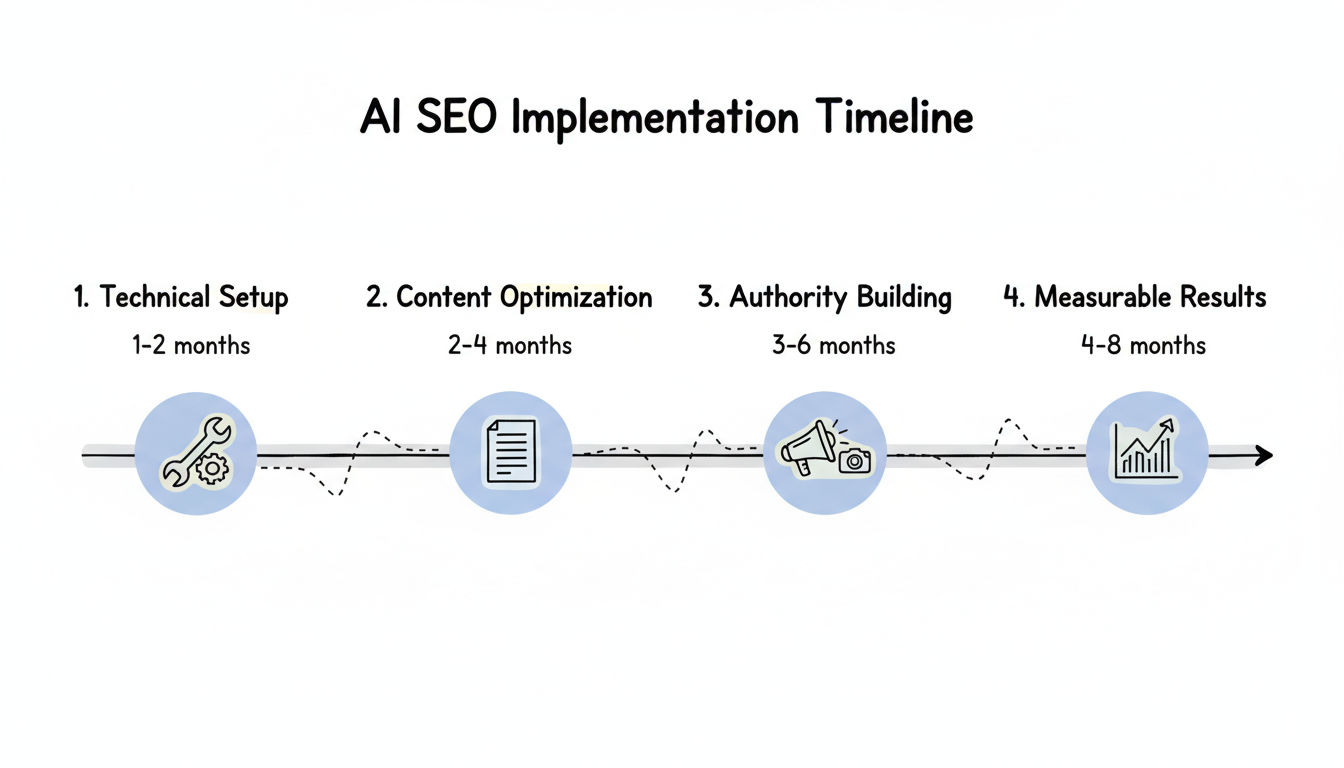 AI SEO implementation timeline showing four phases: Technical Setup (1-2 months), Content Optimization (2-4 months), Authority Building (3-6 months), and Measurable Results (4-8 months)